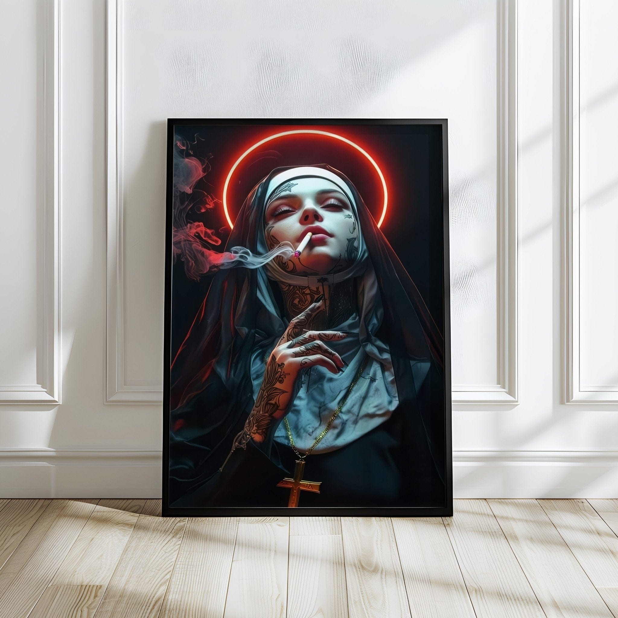 Dark edgy portrait of a rebellious nun smoking with neon red lighting