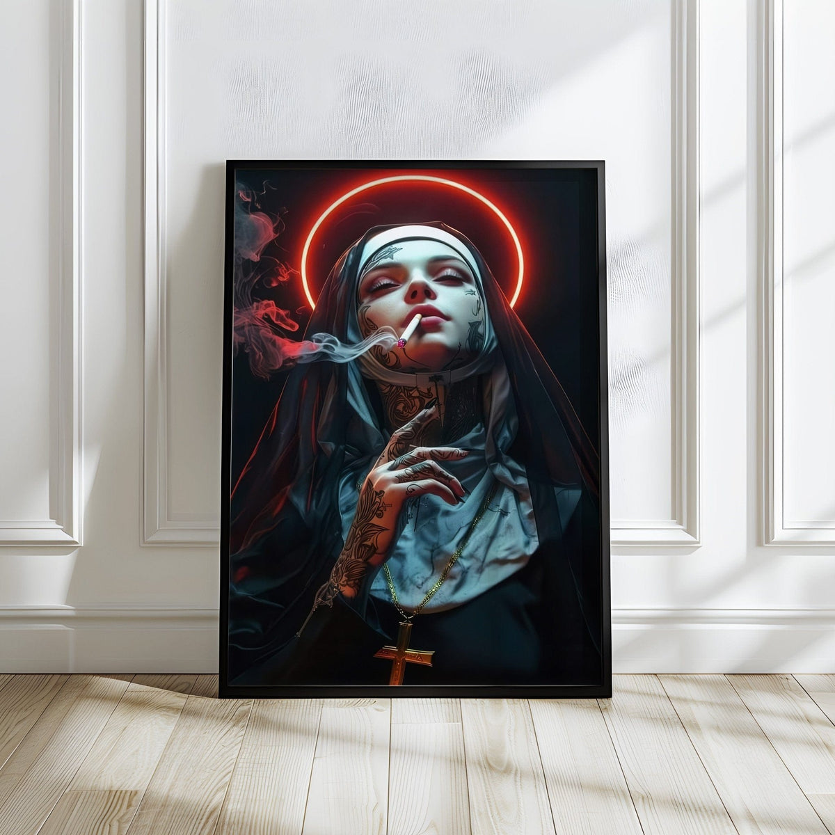 Dark edgy portrait of a rebellious nun smoking with neon red lighting