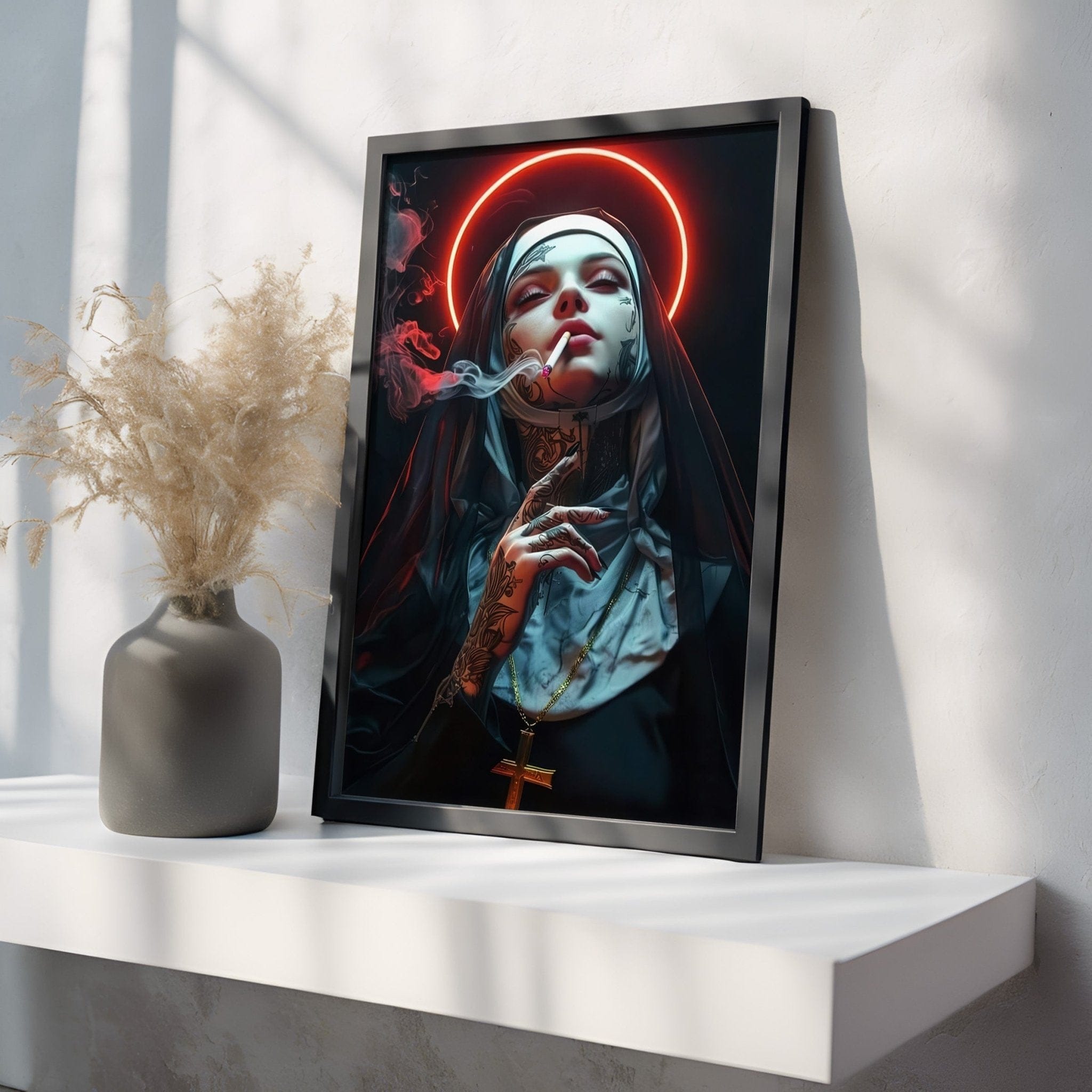 Striking portrait of a nun with neon red glow and dramatic expression