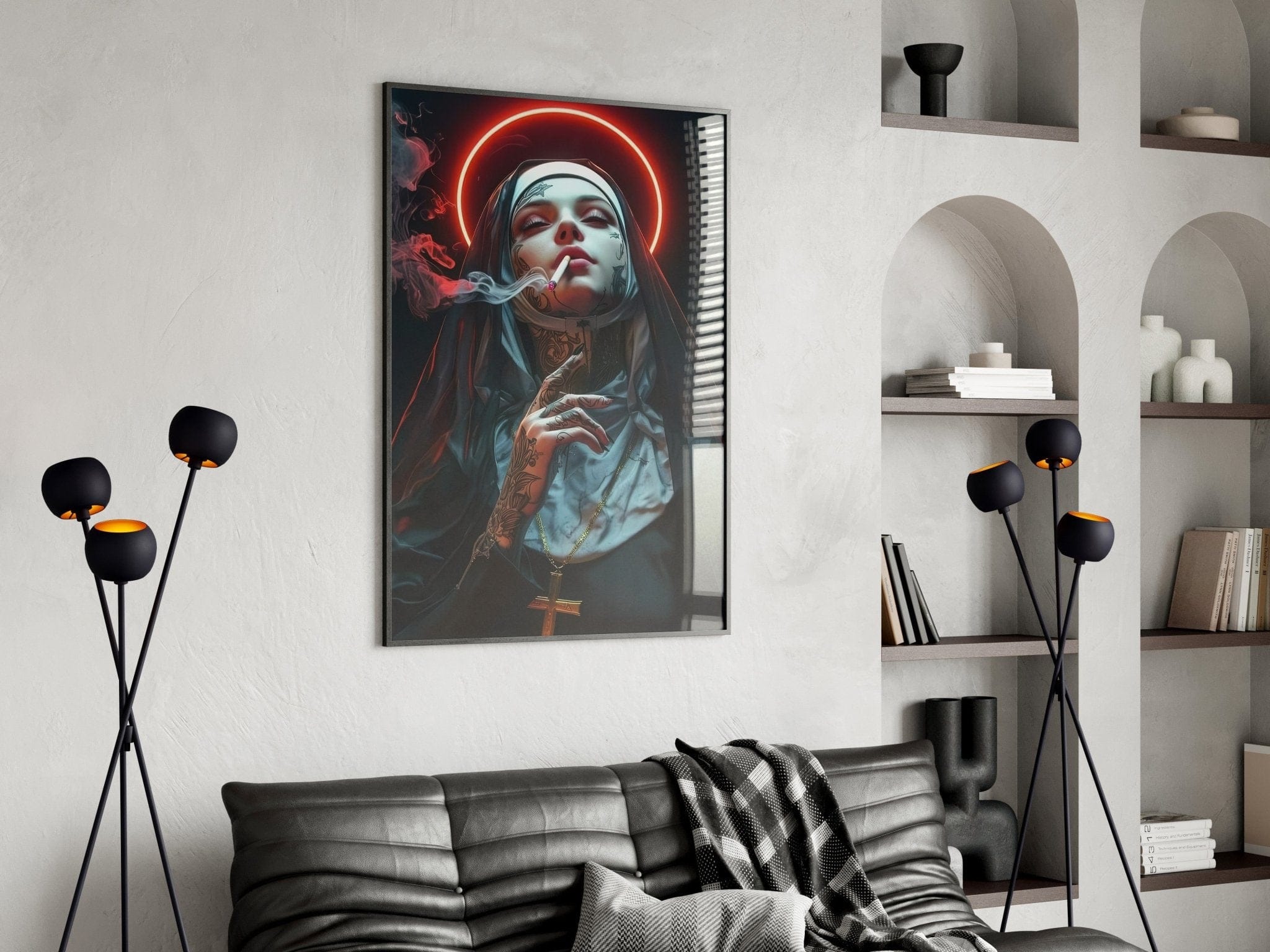 Artwork showcasing dark feminine power through a rebellious nun figure