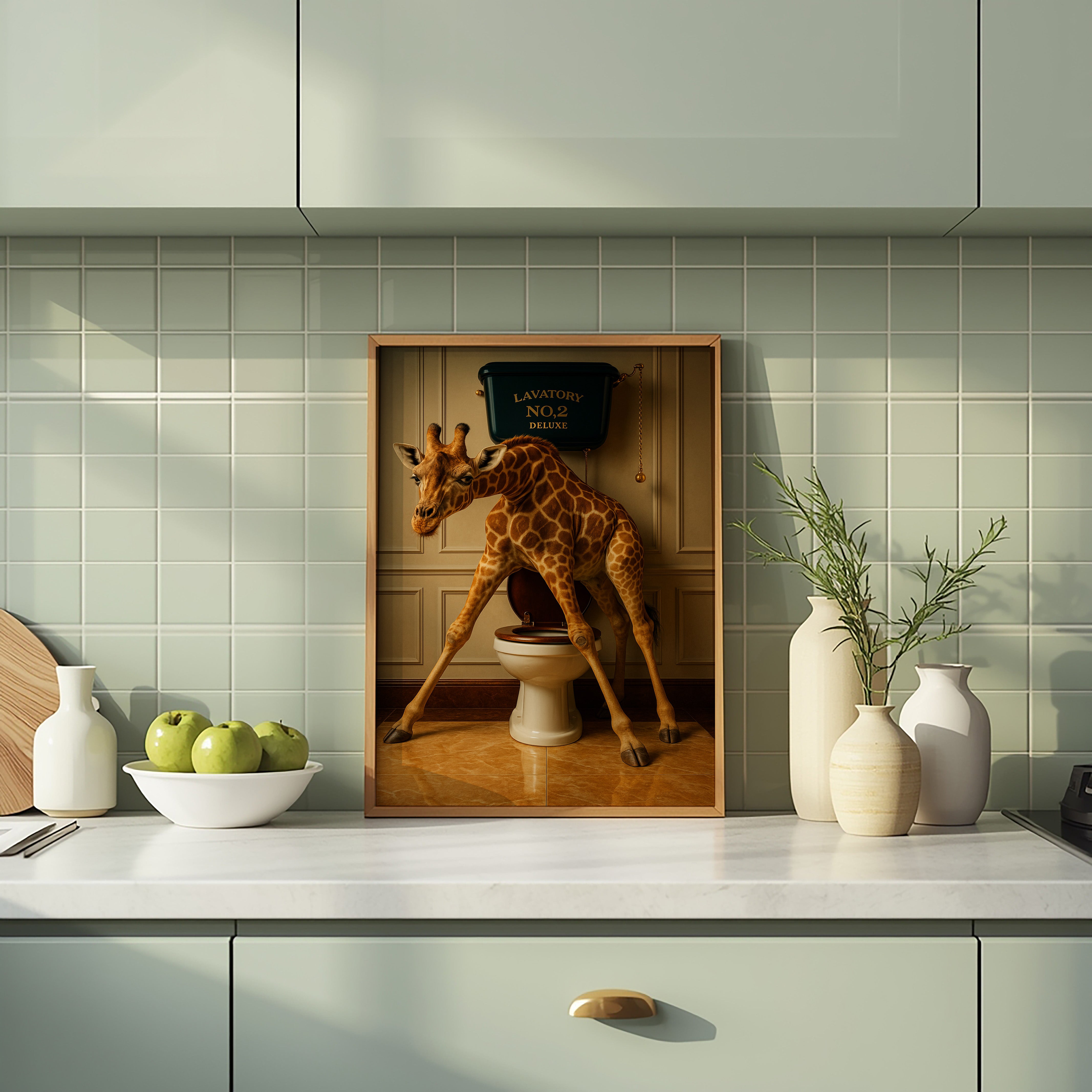 Kitchen counter with a giraffe on a toilet poster, green apples, and decorative vases.