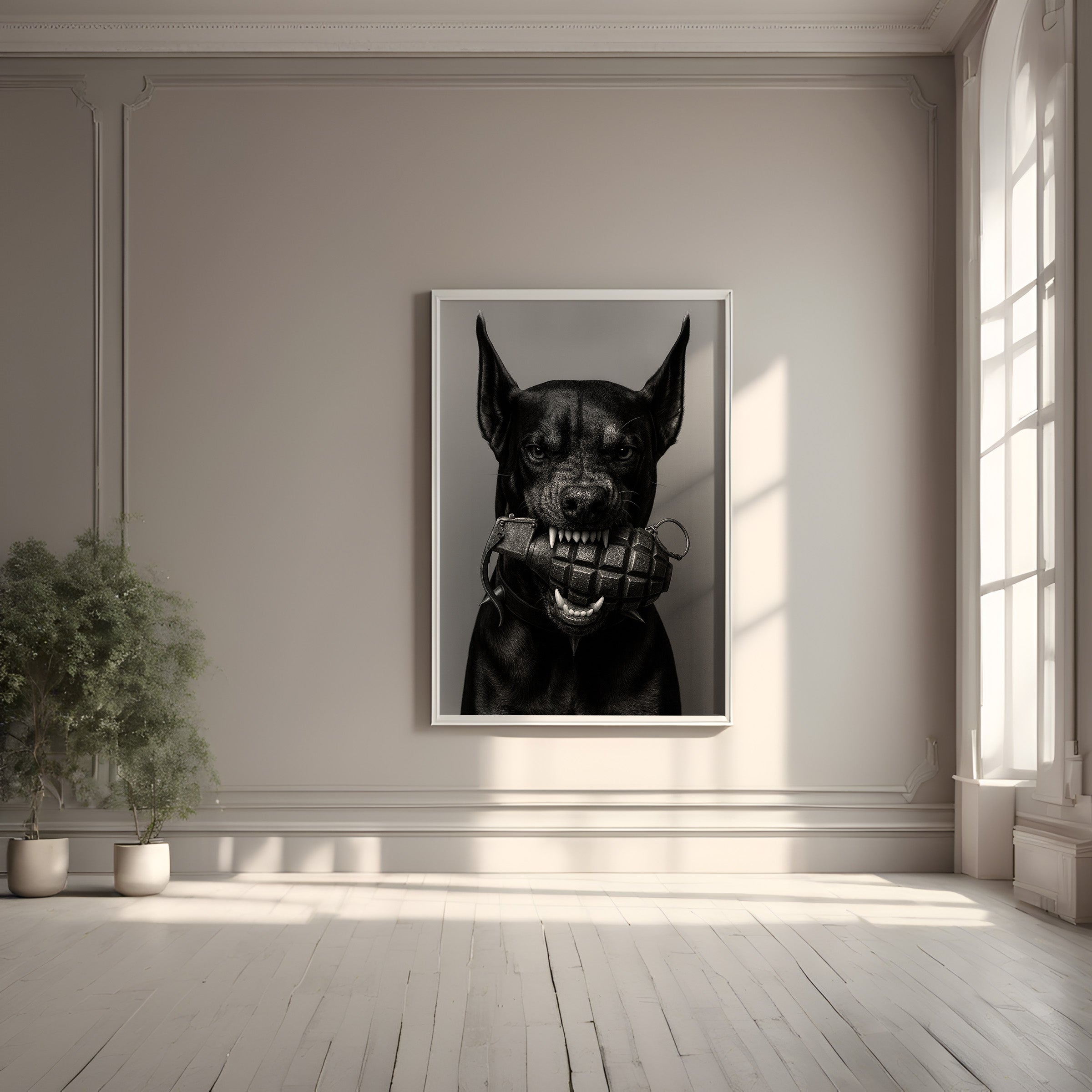 Framed artwork of a black dog with a muzzle in a room with light-colored walls and wooden floor.