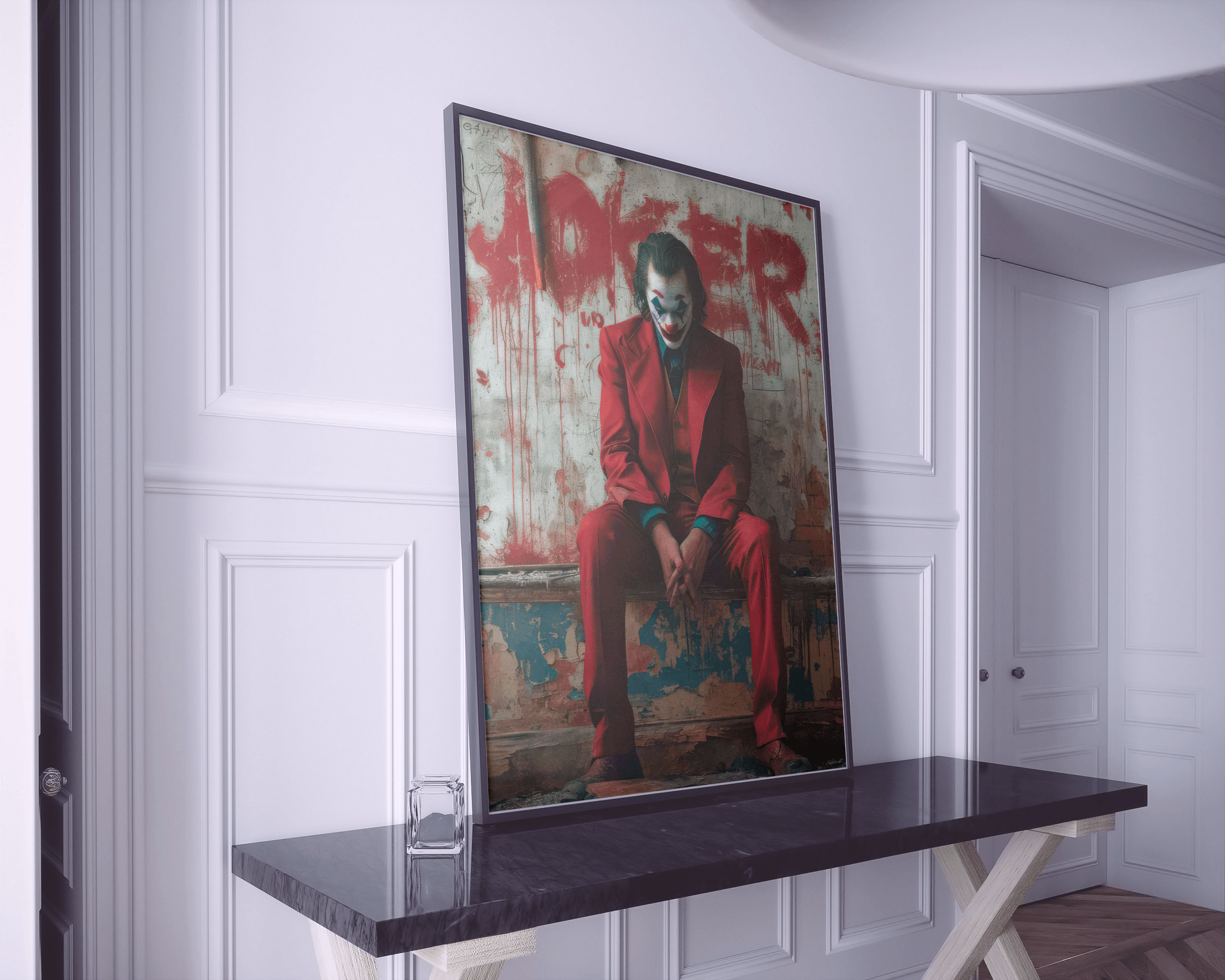 joaquin phoenix red suit sitting joker artwork