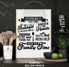 kitchen rules wall art, family kitchen quote print, cooking decor sign