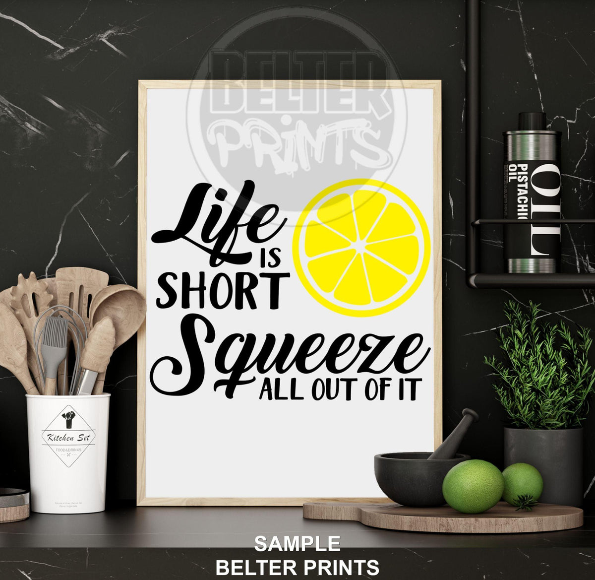 lemon quote wall art, life is short print, citrus kitchen decor