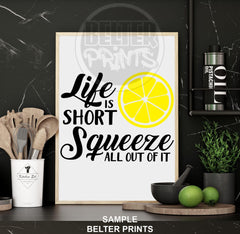 lemon quote wall art, life is short print, citrus kitchen decor
