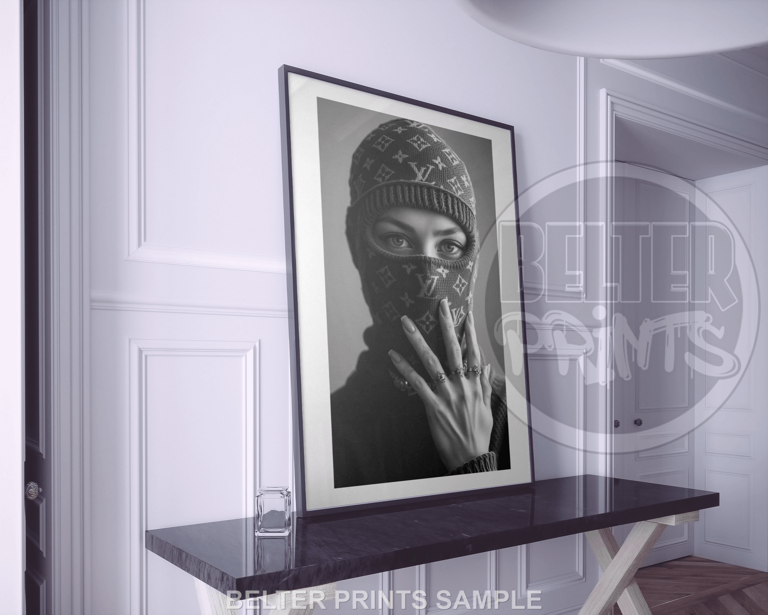 louis-vuitton-balaclava-woman-black-white-wall-art-print-poster