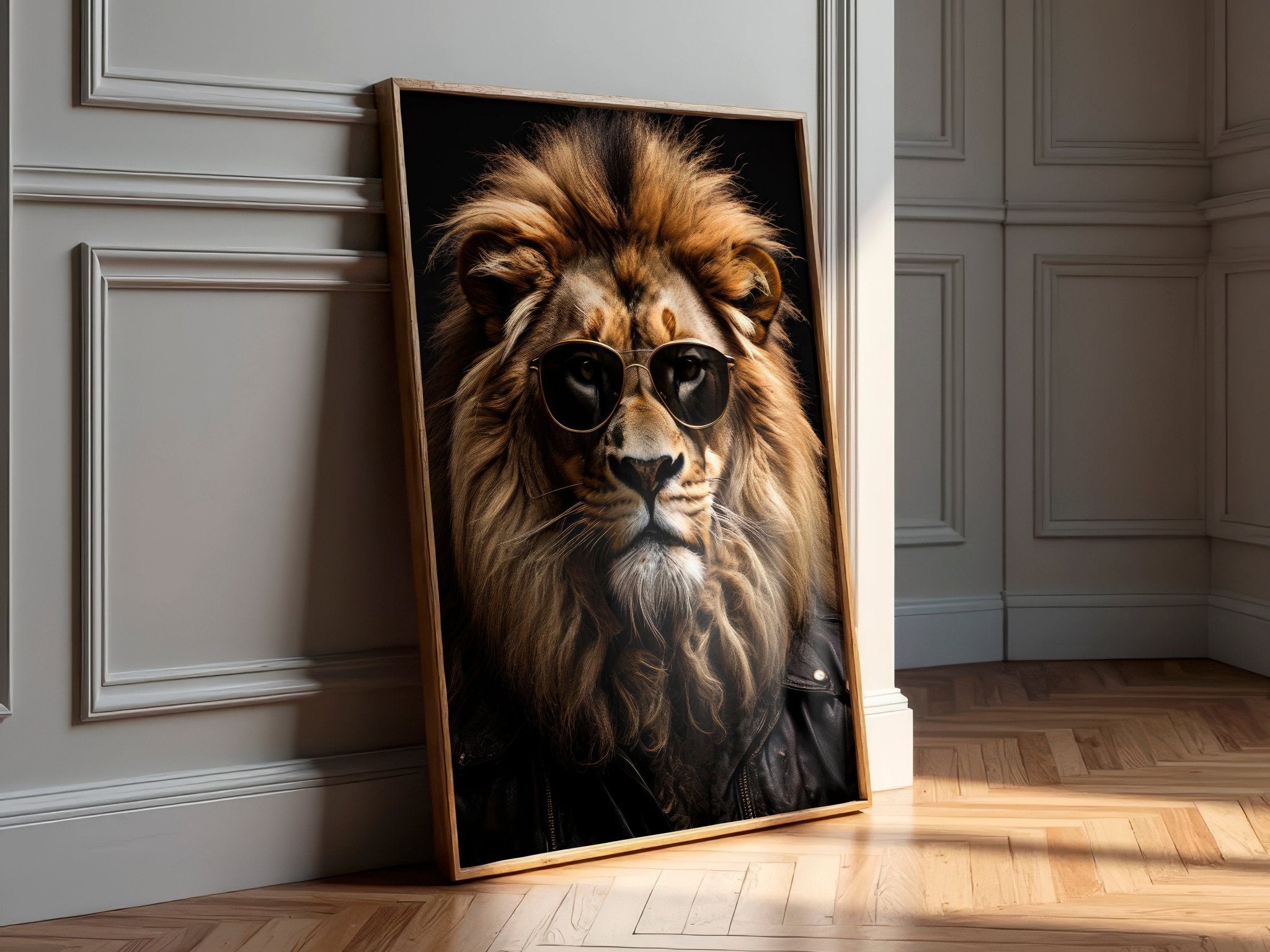 Framed artwork of a lion wearing sunglasses on a wall.