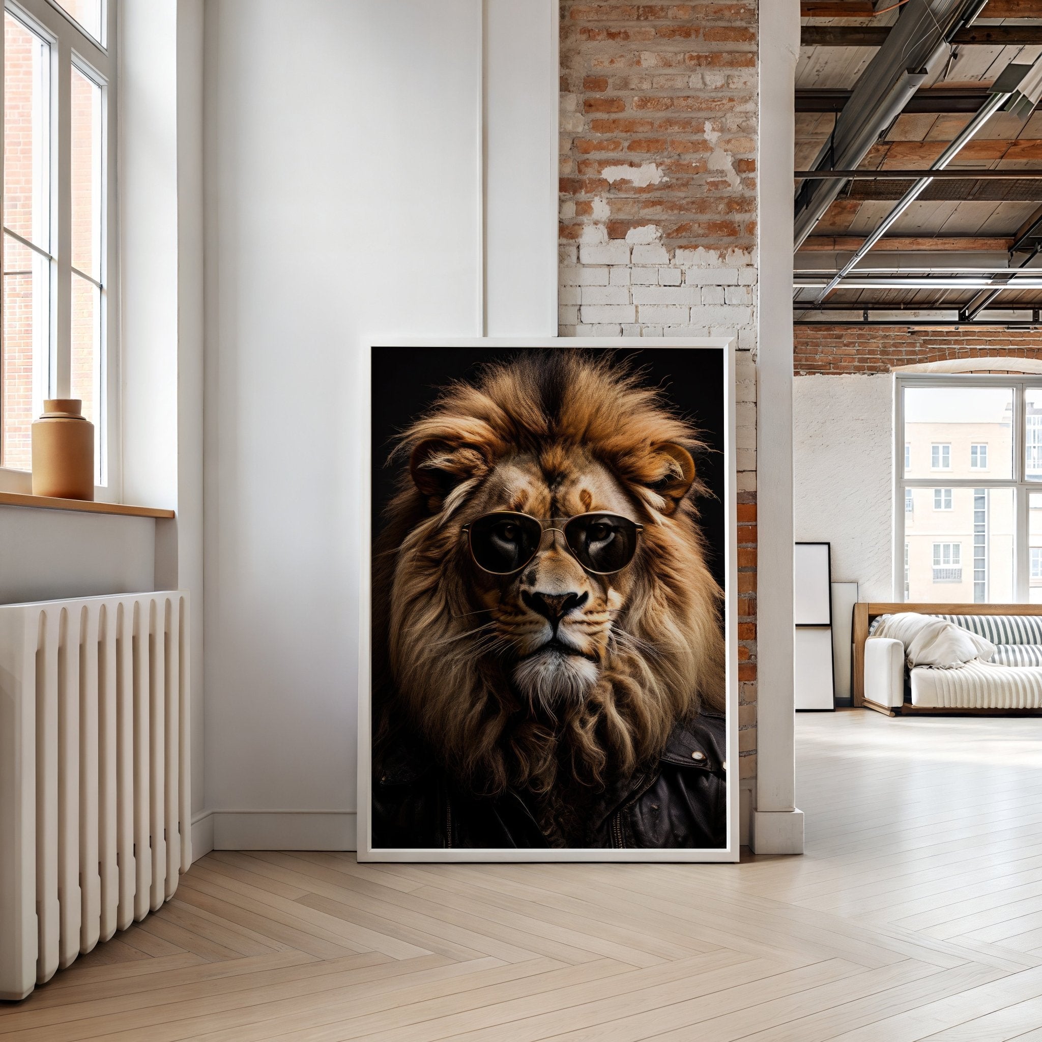 Framed artwork of a lion wearing sunglasses in a modern living room.