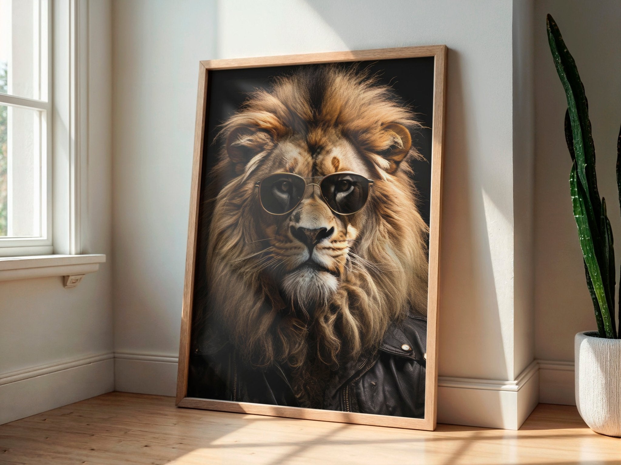 Framed artwork of a lion wearing sunglasses on a wall next to a window and plant.