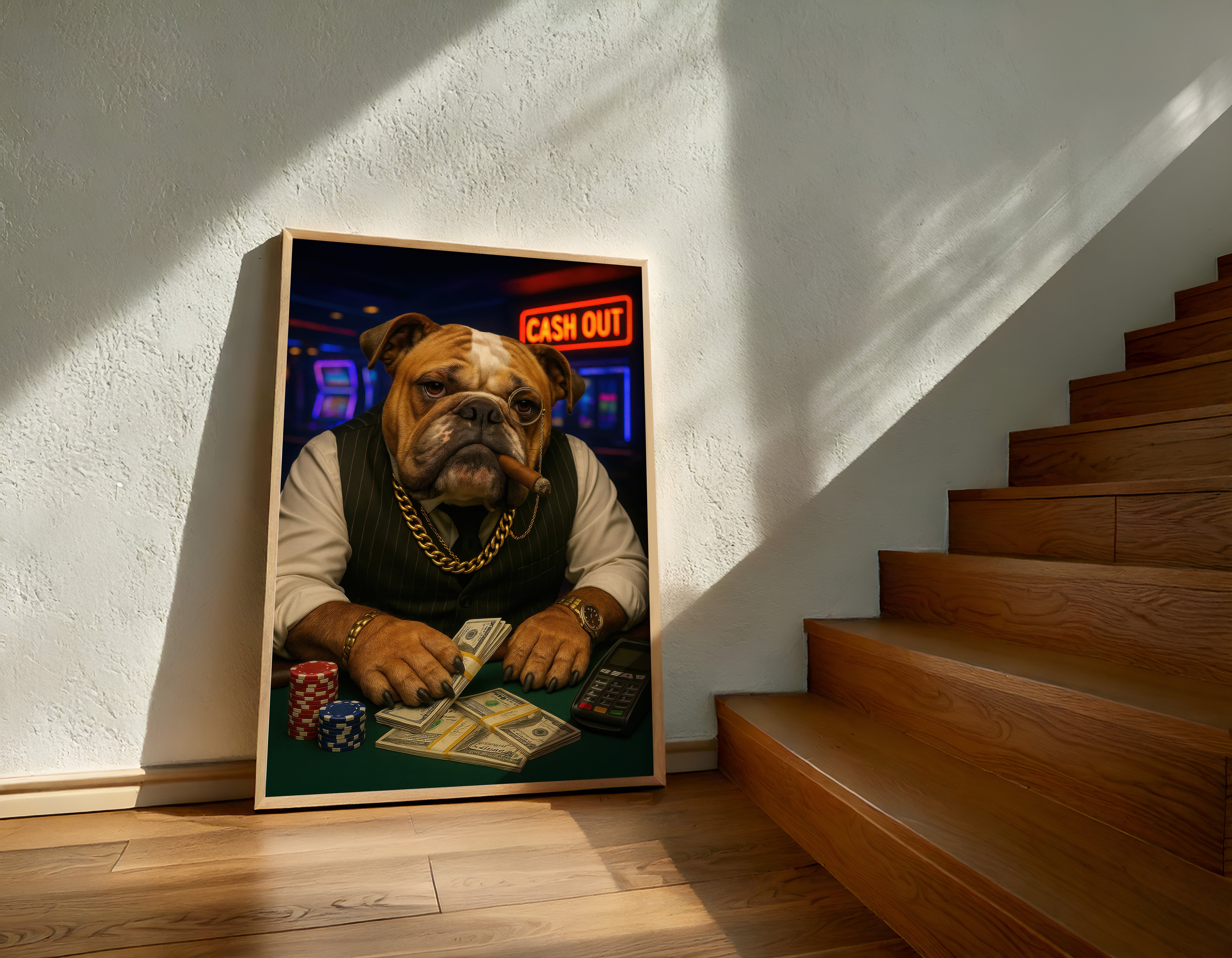 Framed artwork of a bulldog playing cards on a wall next to wooden stairs.