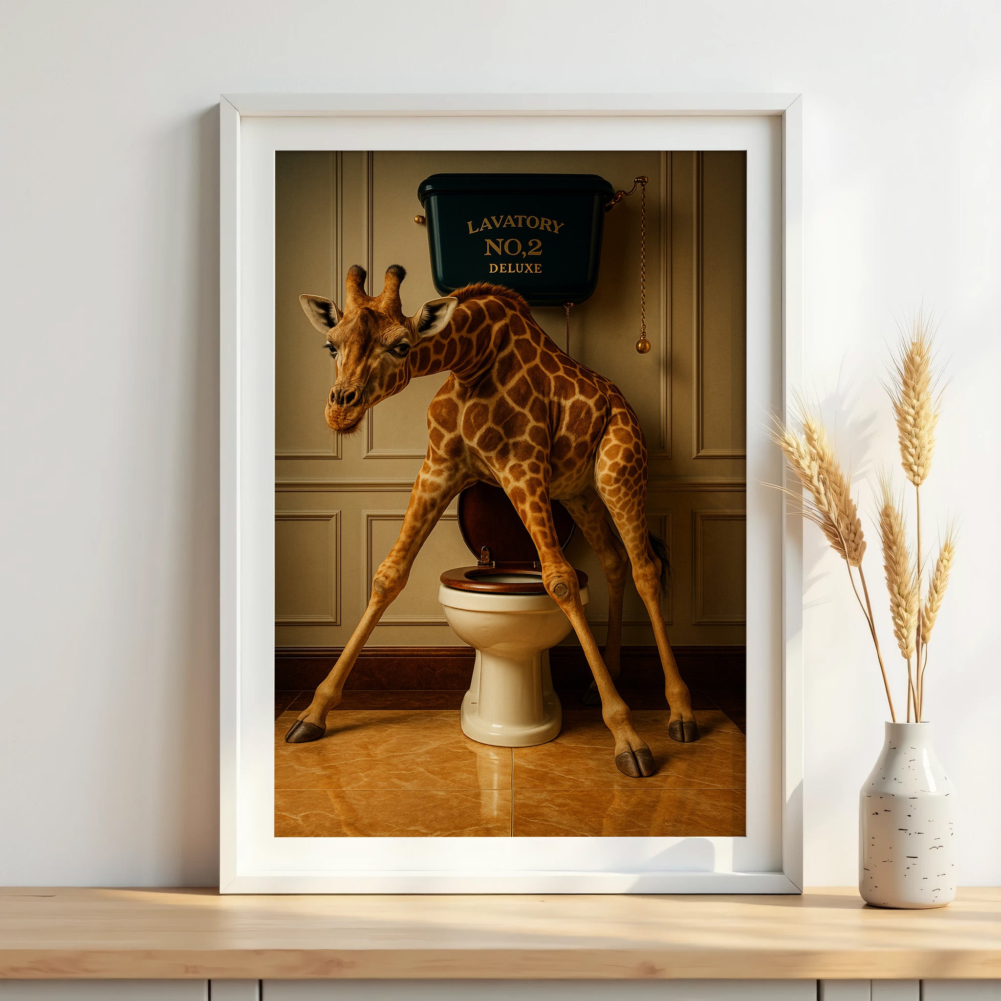 Framed artwork of a giraffe interacting with a toilet on a wooden surface.