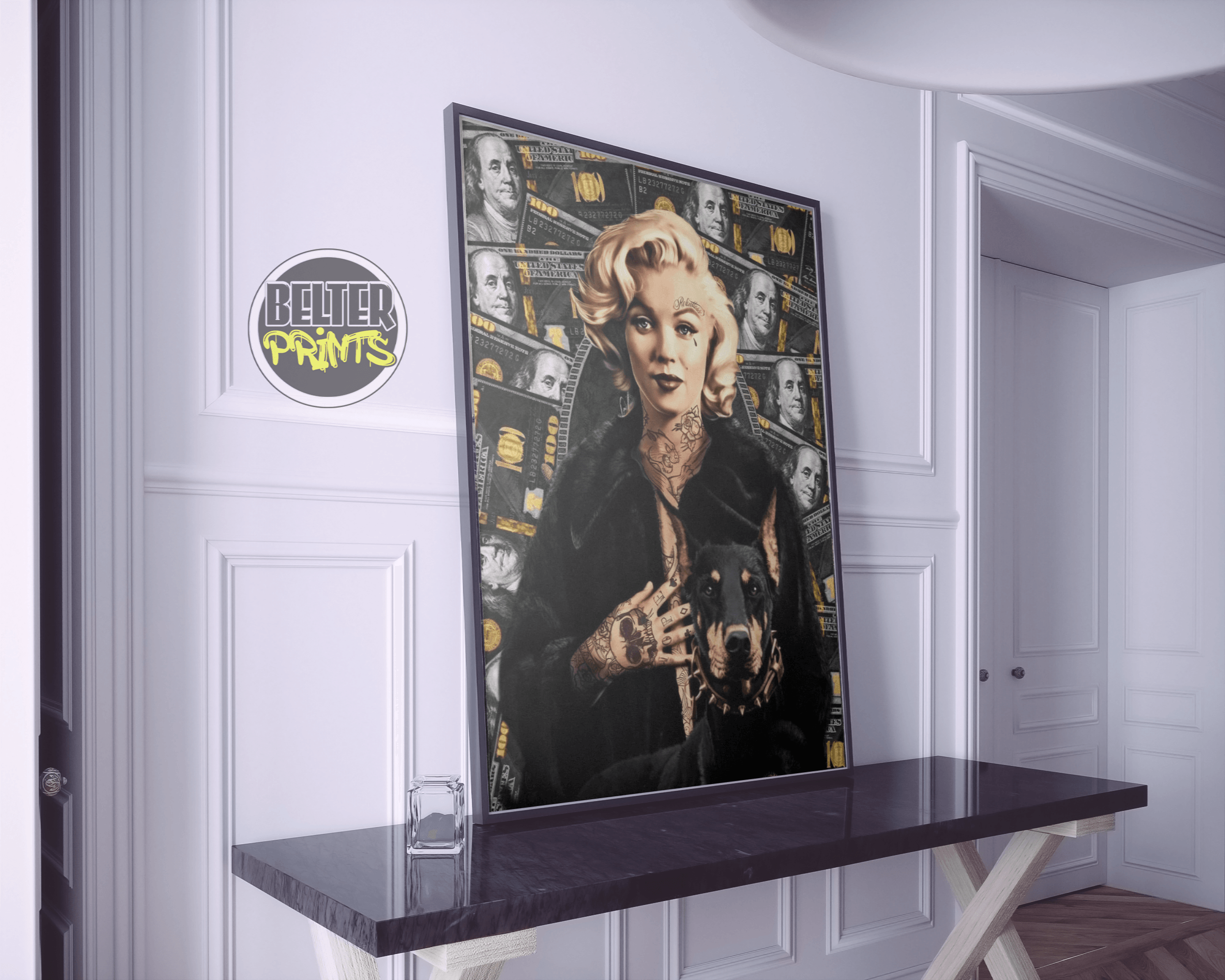 marilyn-monroe-tattooed-doberman-money-wall-art-print-luxury