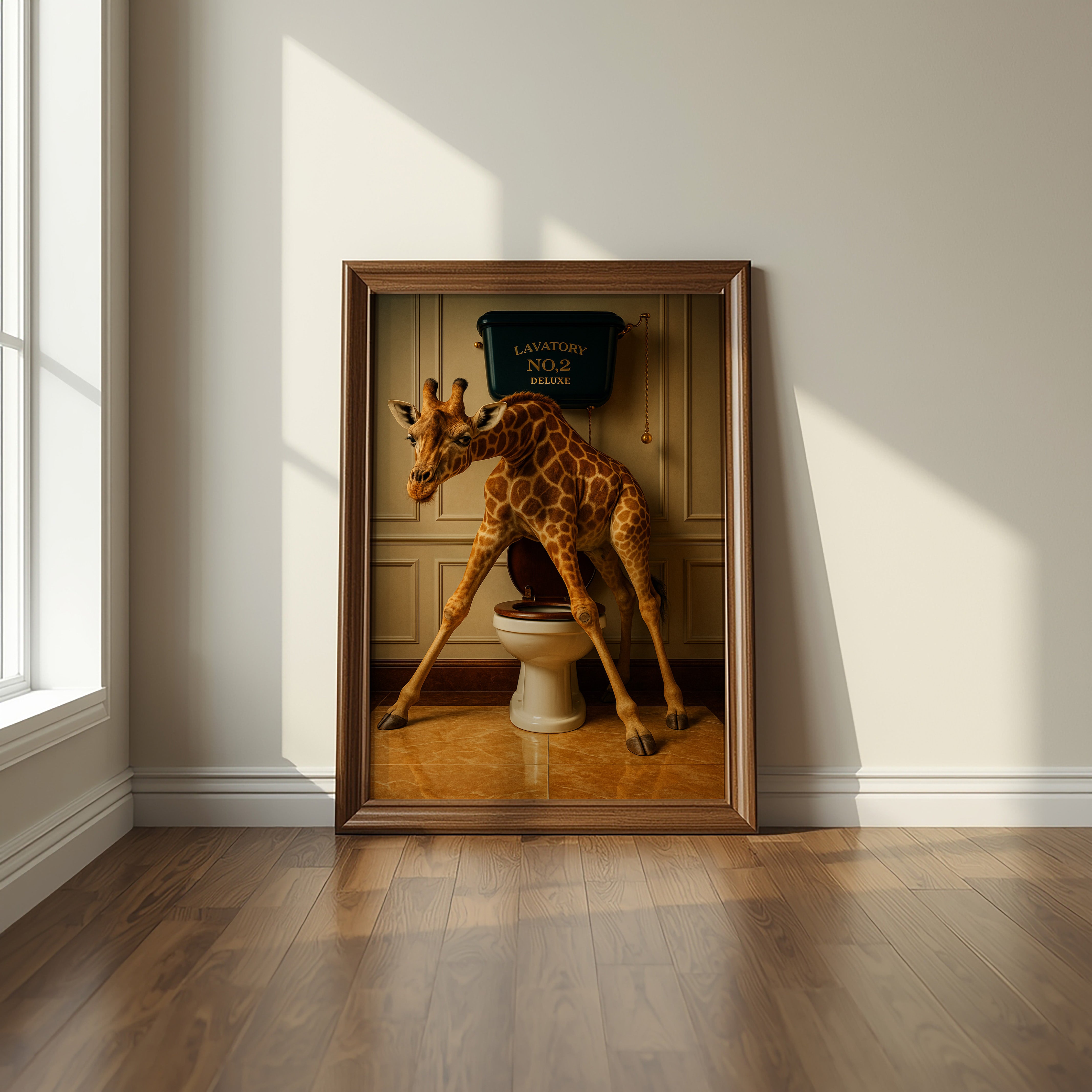Framed artwork of a giraffe using a toilet on a wall in a room with sunlight streaming in.