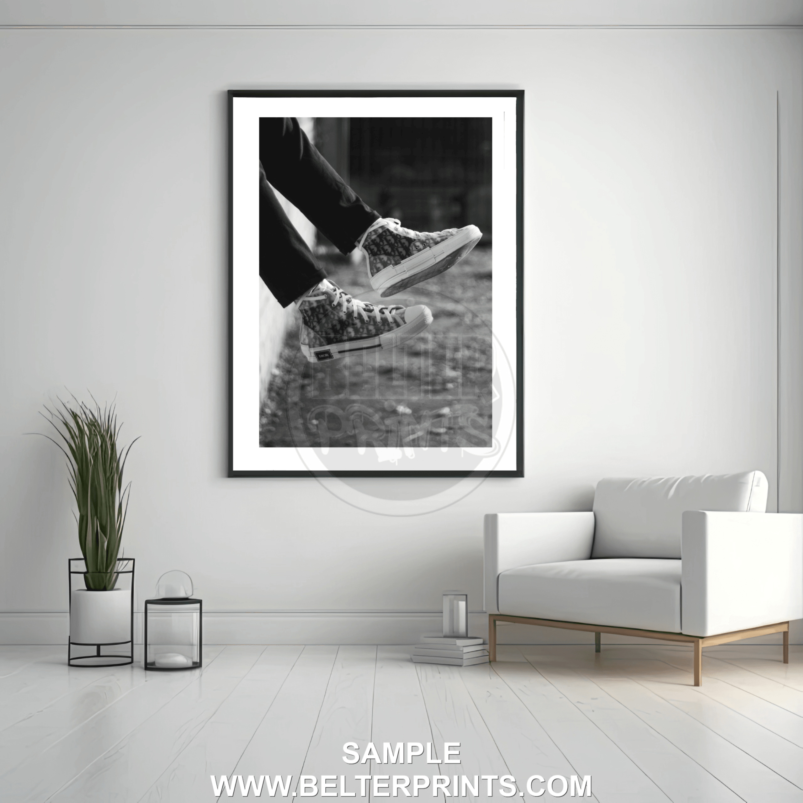 luxury sneaker decor, black white sneaker print, dior trainer artwork