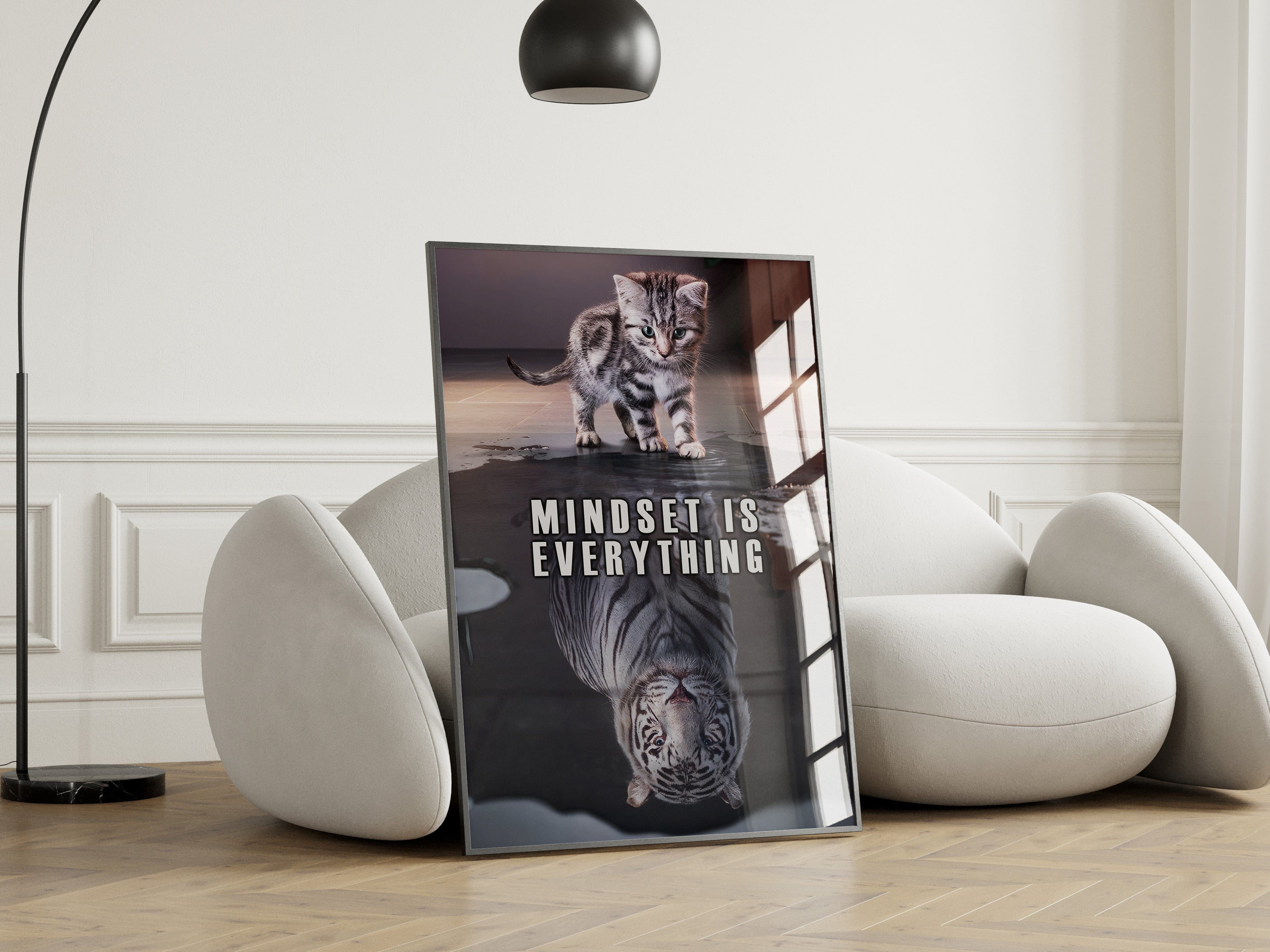 Poster with a cat and tiger and 'Mindset is Everything' text in a modern living room.