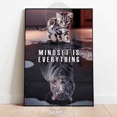 Poster with a kitten and tiger reflection and 'Mindset is Everything' text on a white wall.