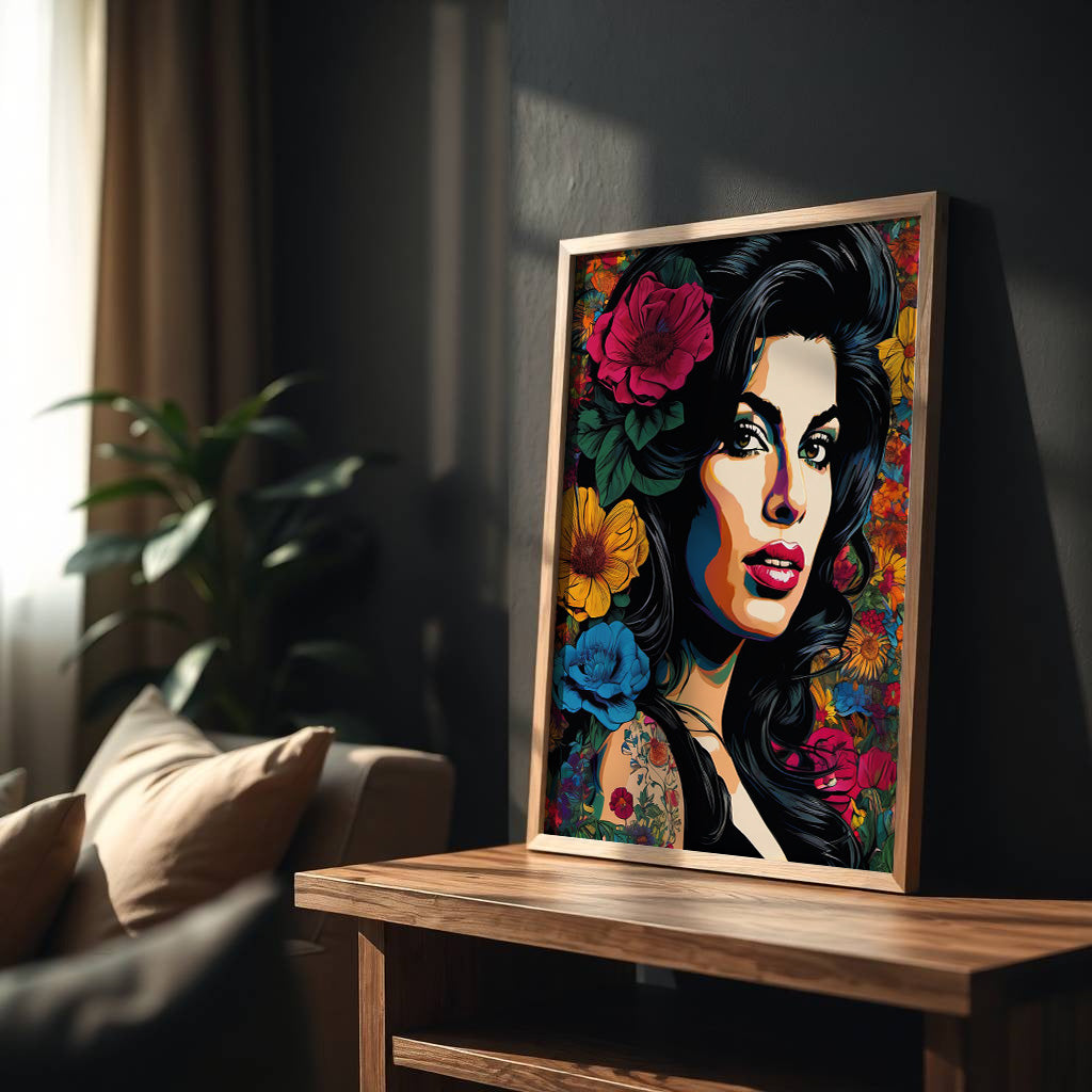 Framed artwork of a woman's face with flowers on a wooden table in a room.