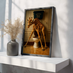 Framed artwork of a giraffe using a toilet on a white shelf.