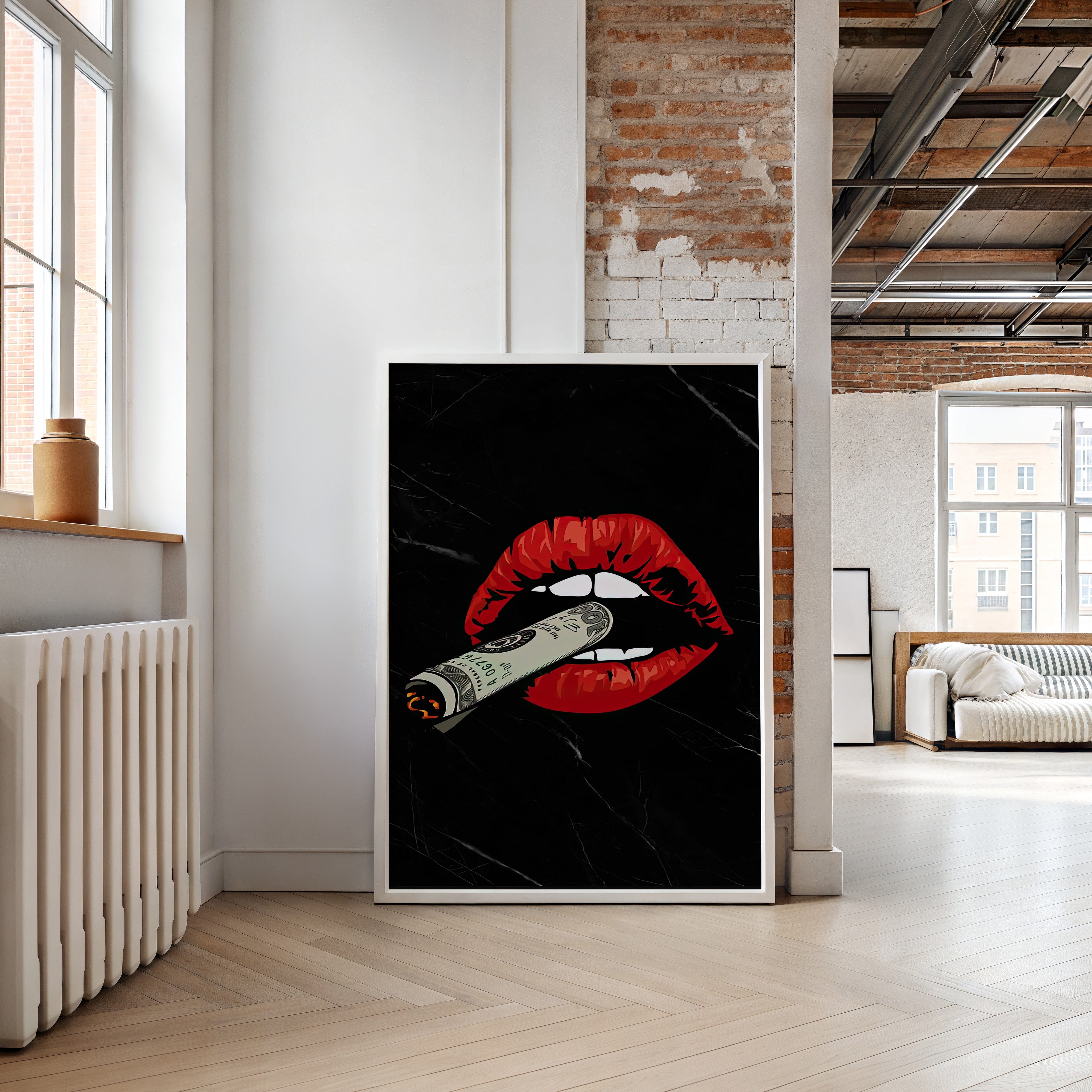 Modern interior with a framed artwork of red lips holding a dollar bill on a black background.