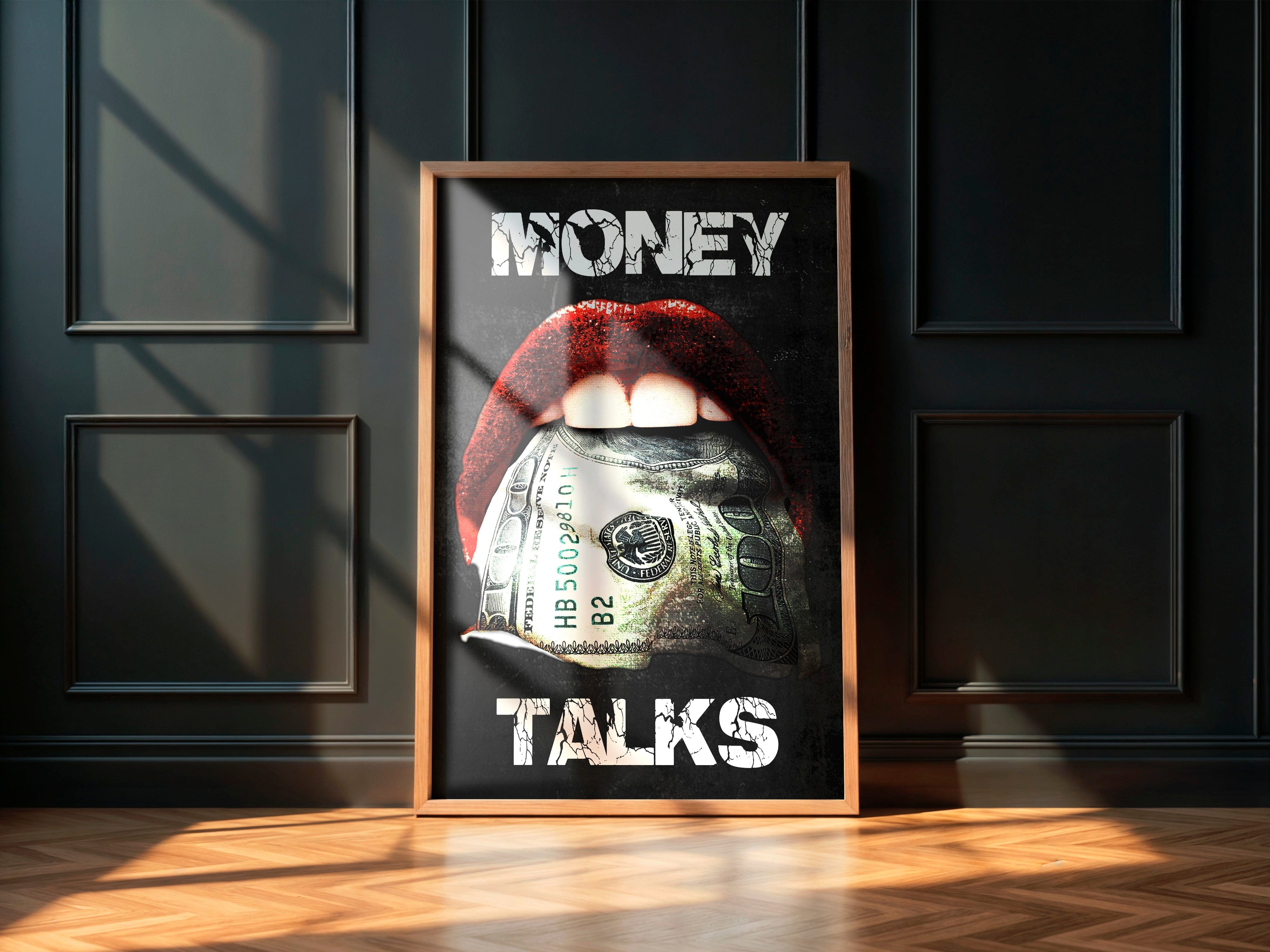 Money Talks pop art wall print featuring bold red lips holding a dollar bill with white typography.