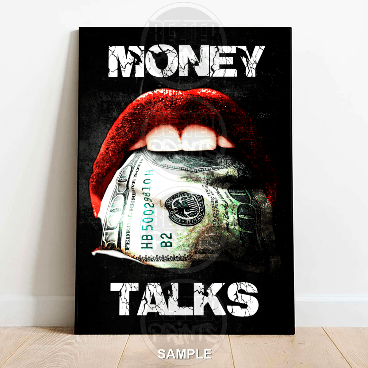 Money Talks wall art print with red lips and dollar bill