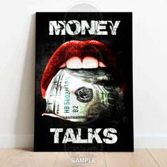 Money Talks wall art print with red lips and dollar bill