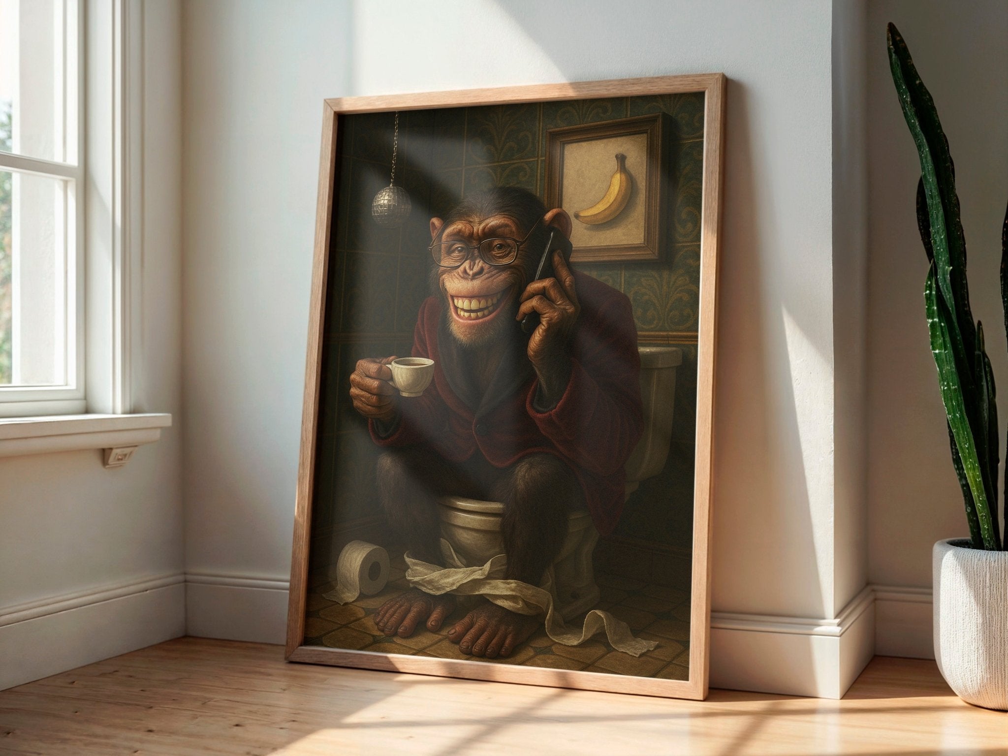Framed artwork of a monkey on the phone with a cup and banana in a room with a window and plant.