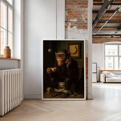 Modern interior with a framed artwork of a monkey on a phone, sitting on a toilet, in a stylish room.