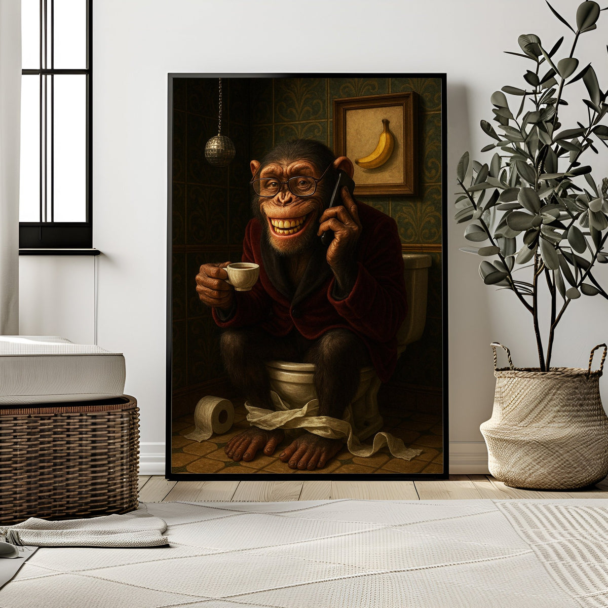 Framed artwork of a monkey on the phone with a cup and toilet paper in a modern room.