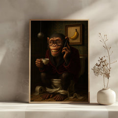 Framed artwork of a monkey on the phone with a cup in a room setting.