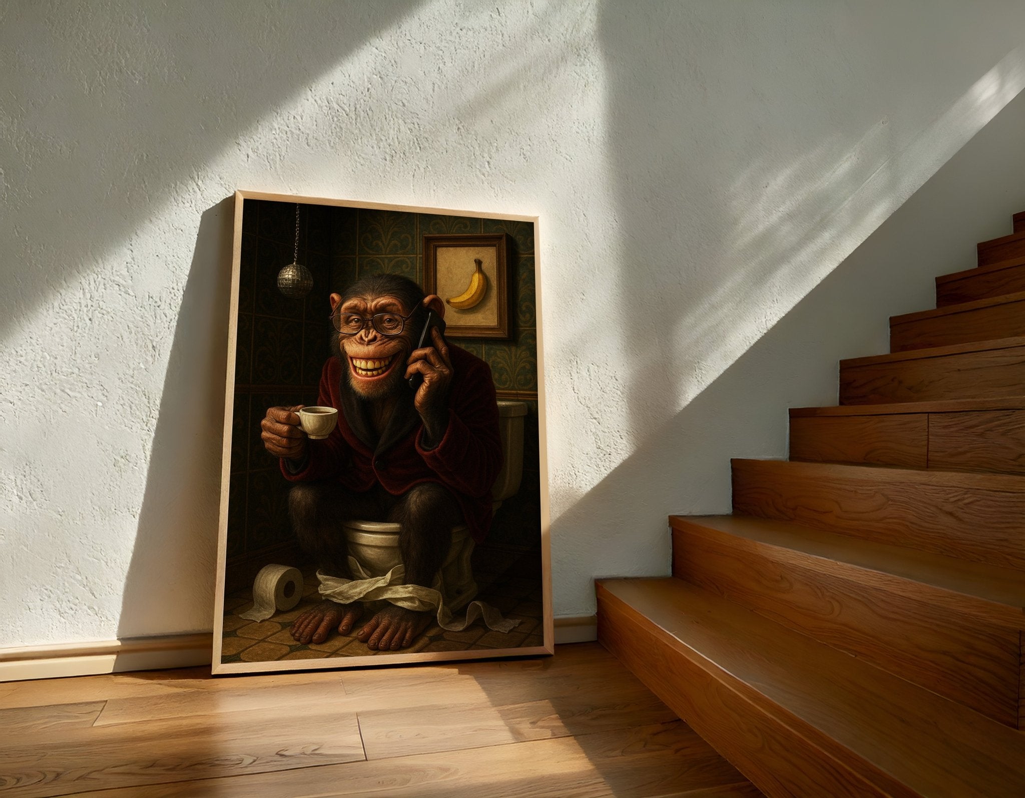 Framed artwork of a monkey using a phone and holding a cup, leaning against a wall with wooden stairs in the background.