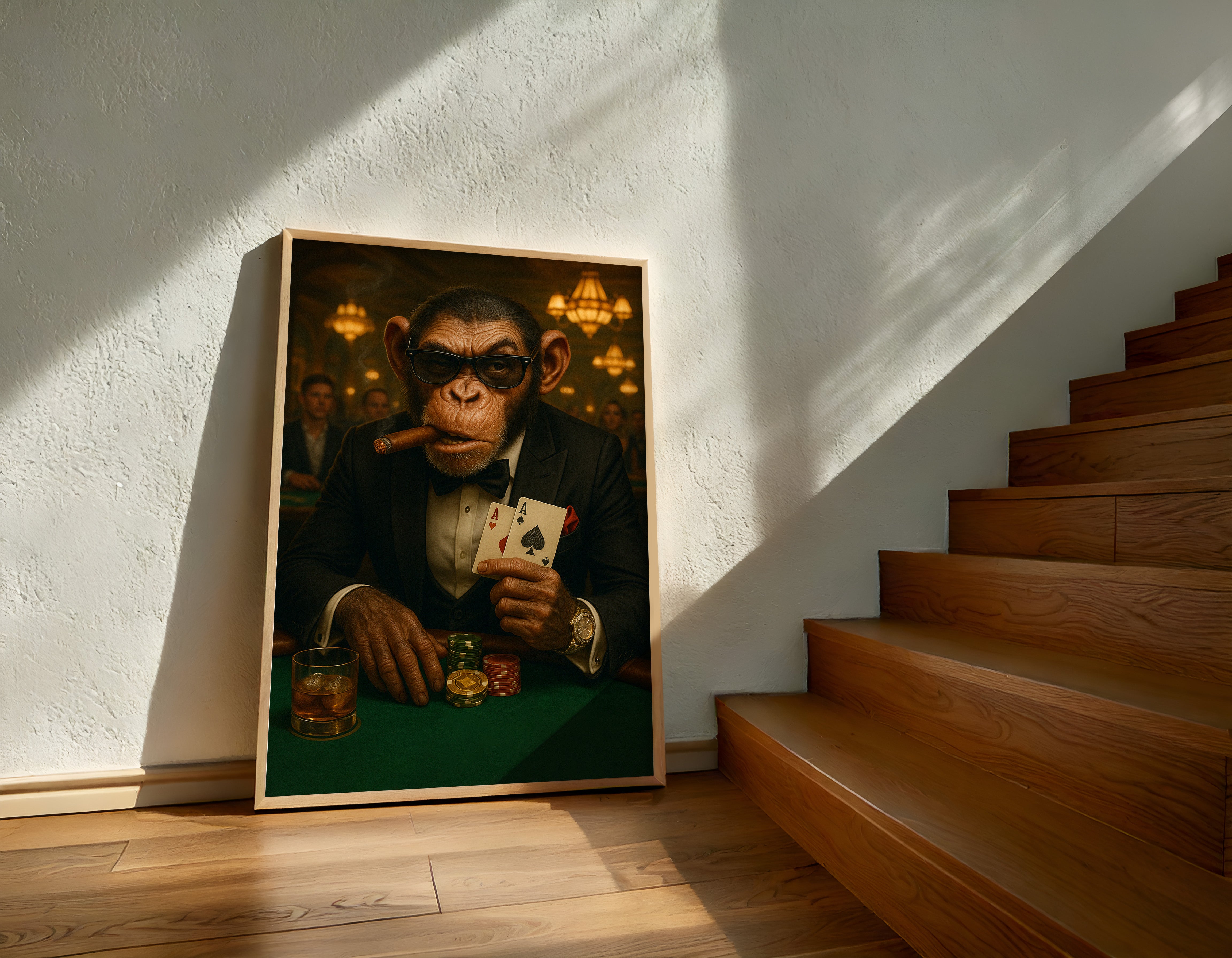 Framed artwork of a chimpanzee in a suit with playing cards on a wall next to wooden stairs.