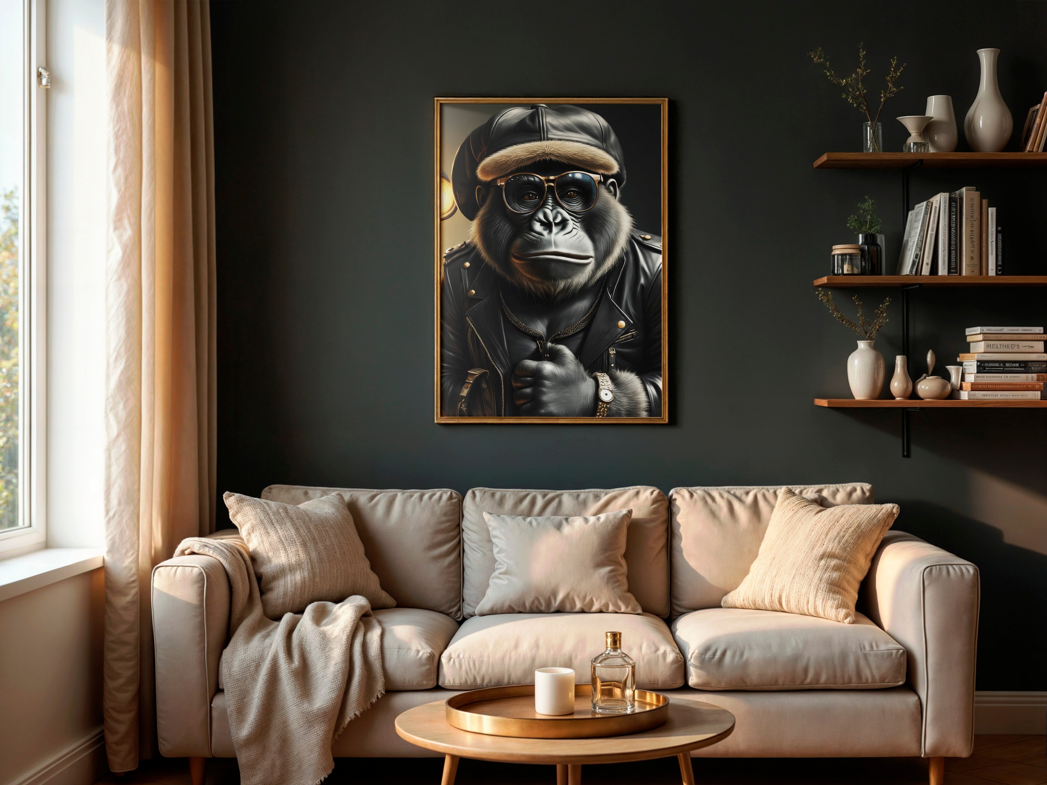 Living room with a couch, coffee table, and framed picture of a gorilla on the wall.
