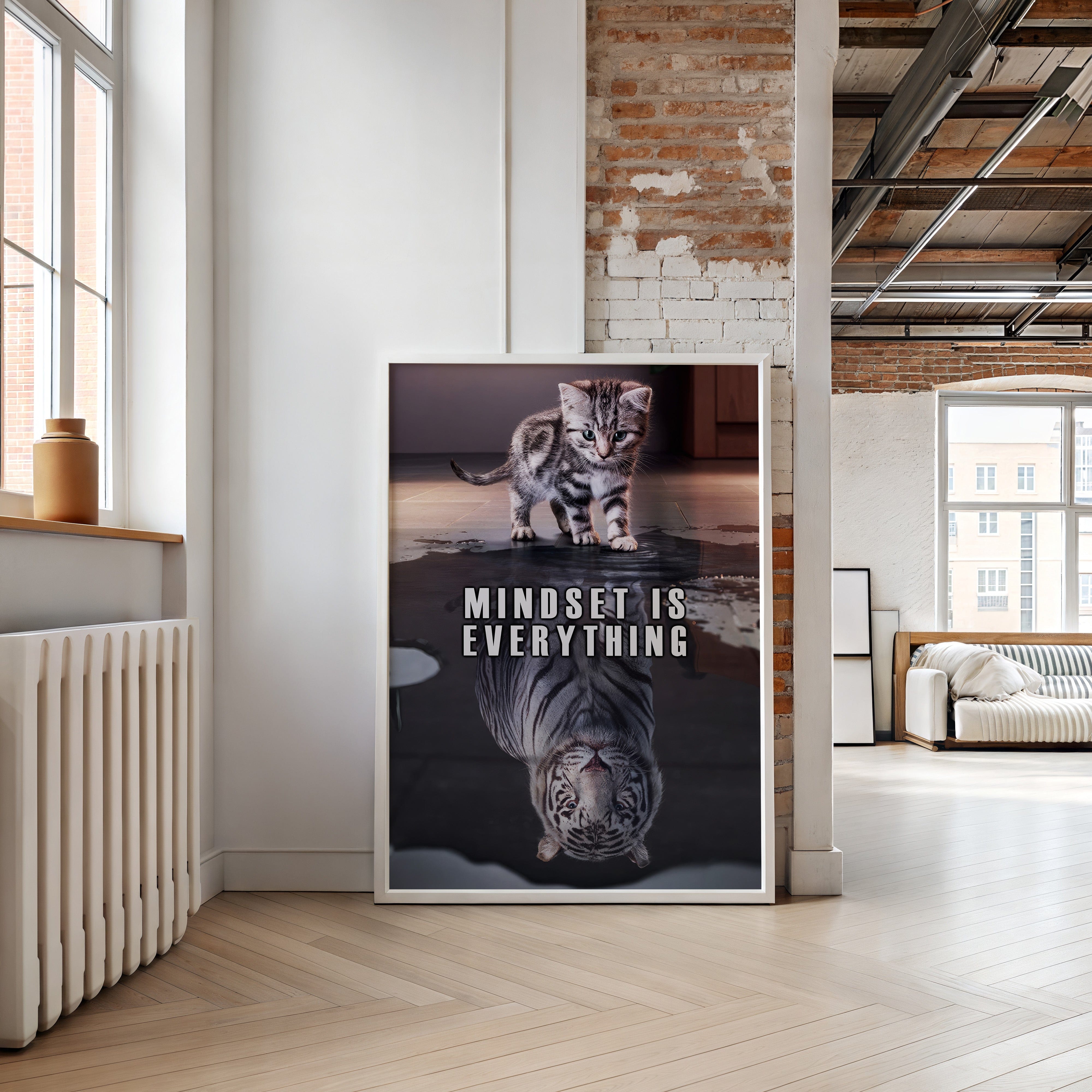 Poster with a cat and tiger reflection and 'MINDSET IS EVERYTHING' text in a modern room.