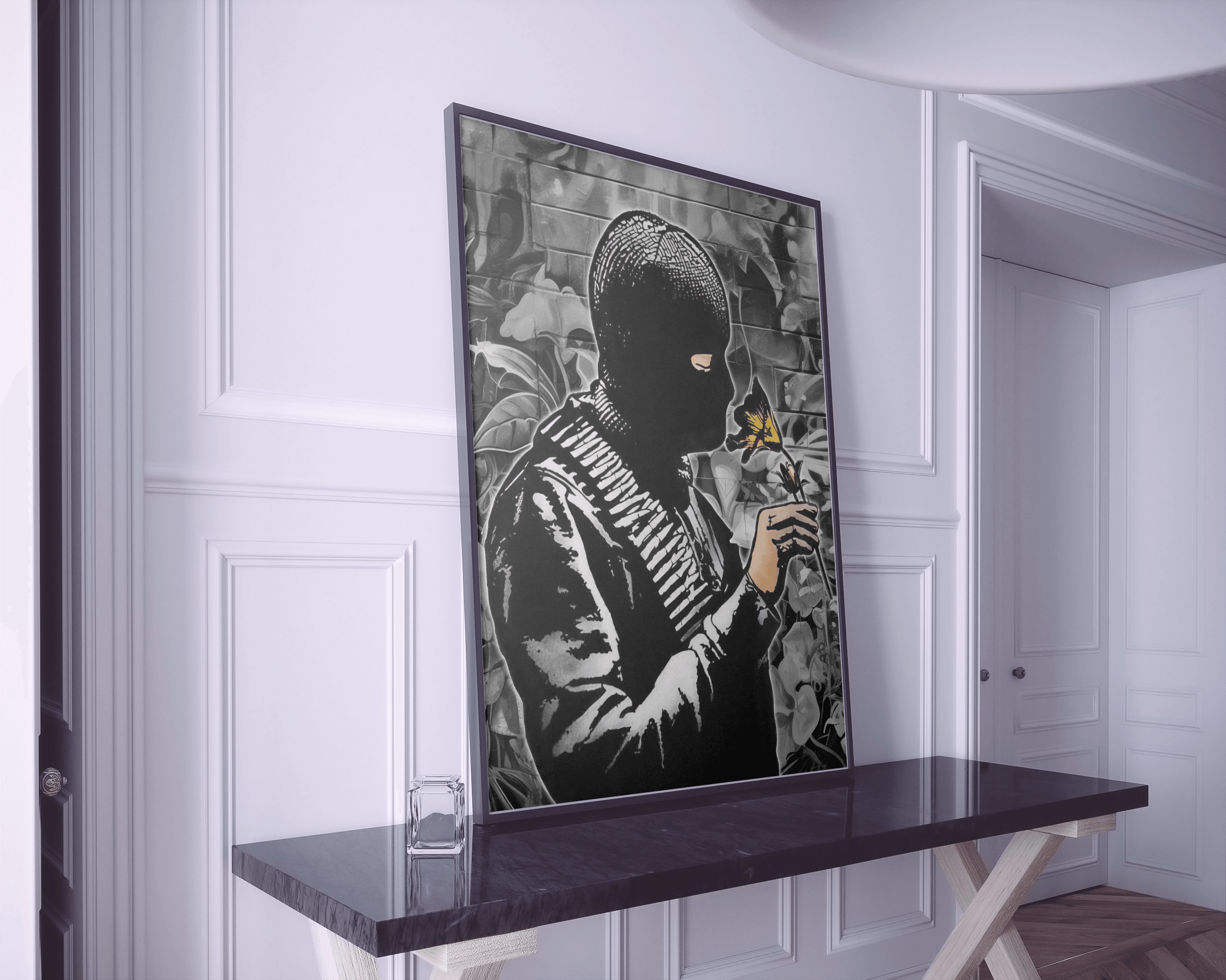 Peace modern black and white wall art print with minimalist bold design banksy inspired