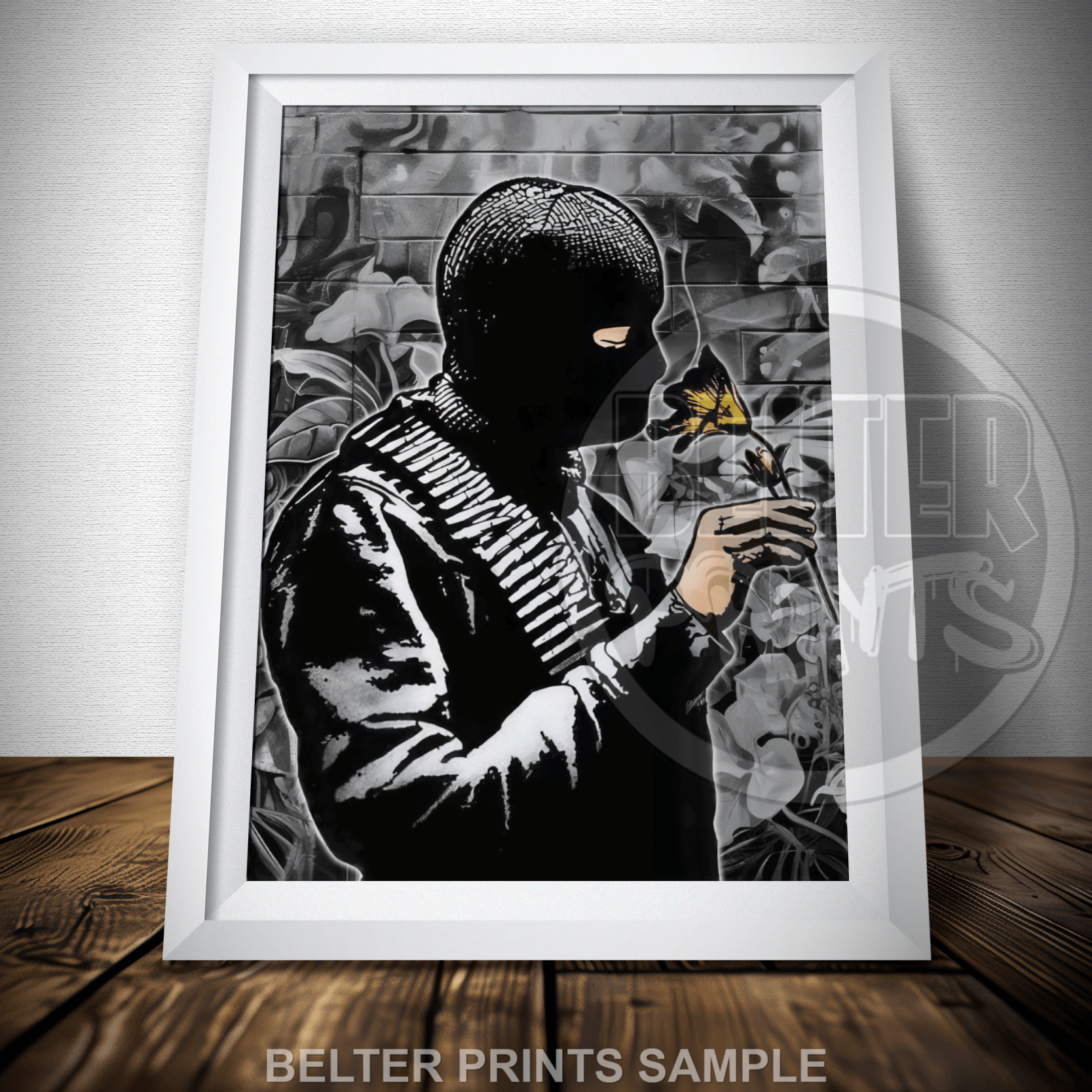 Peace modern black and white wall art print with minimalist bold design banksy inspired