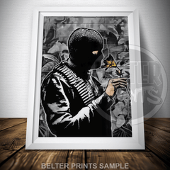 Peace modern black and white wall art print with minimalist bold design banksy inspired
