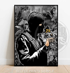 Peace modern black and white wall art print with minimalist bold design banksy inspired