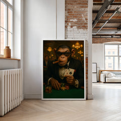 Framed artwork of a chimpanzee in a suit with playing cards and a cigar in a modern room.