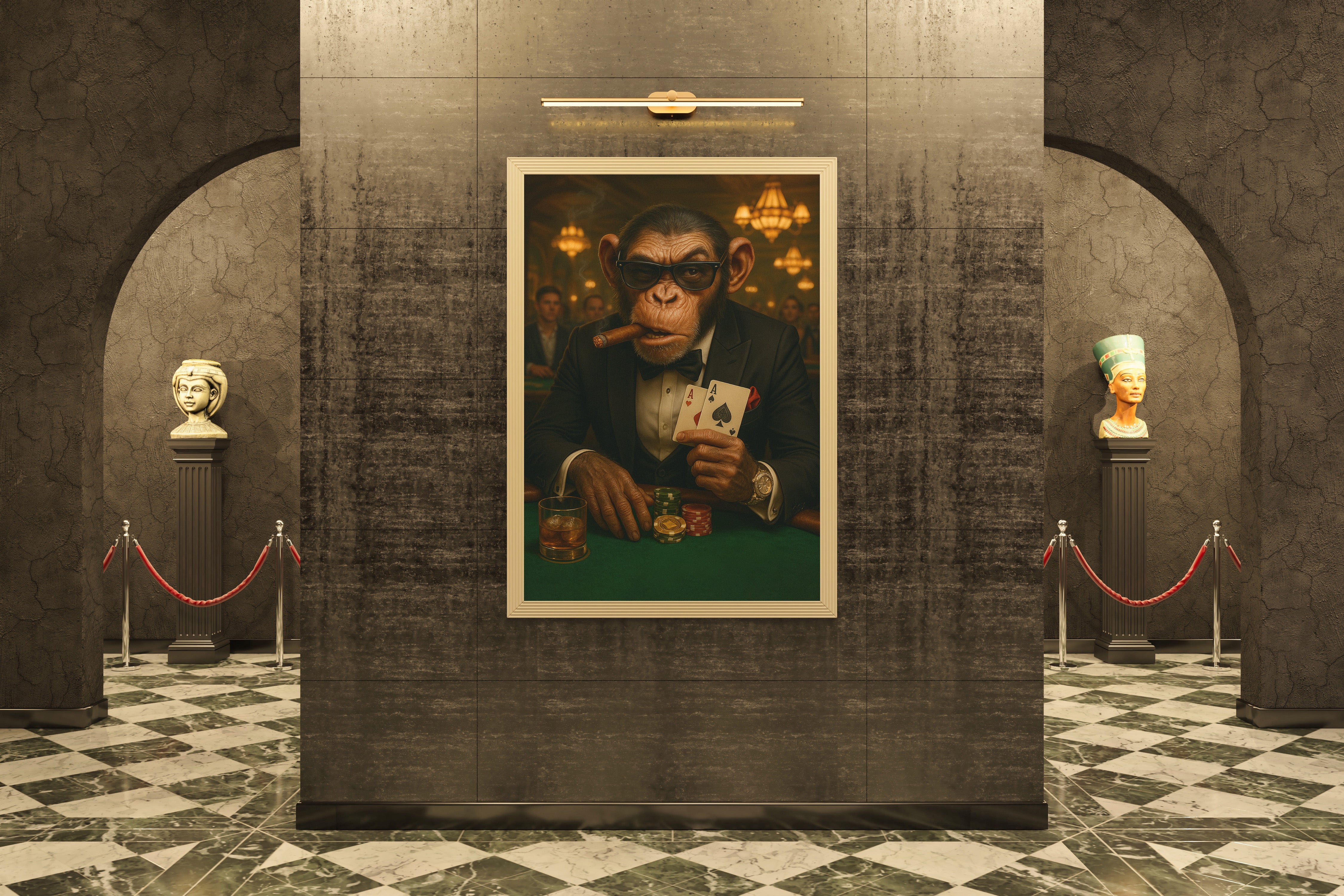 Framed artwork of a monkey playing poker in a room with marble walls and floor.