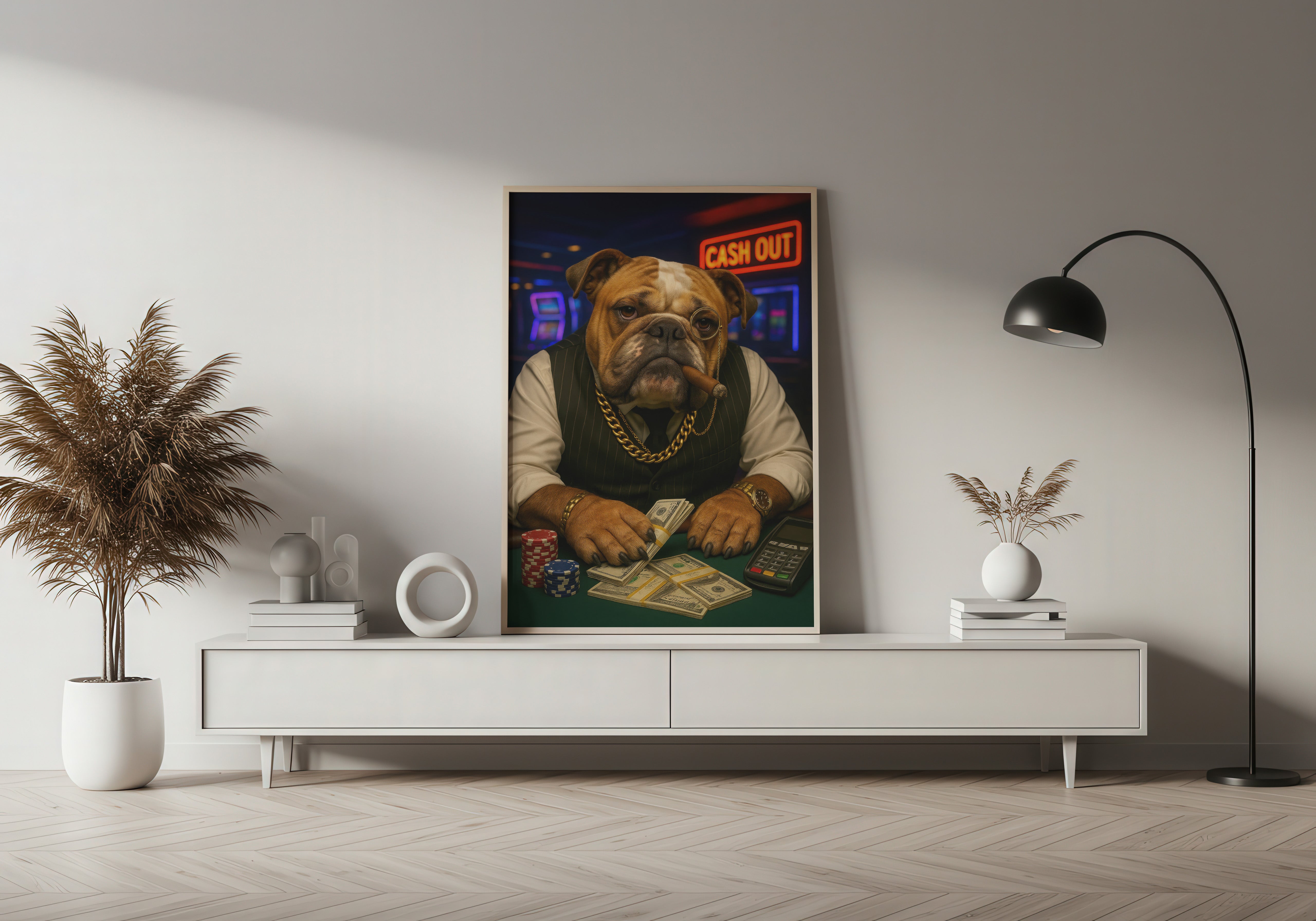 Framed artwork of a dog at a card table in a modern living room setting.