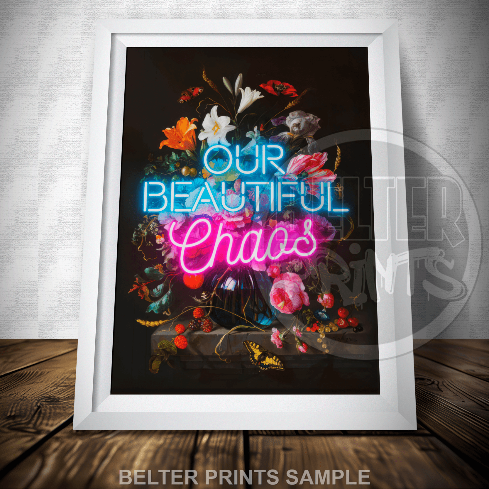 poster-beautiful-chaos-neon-text-vintage-vase-wall-art-print