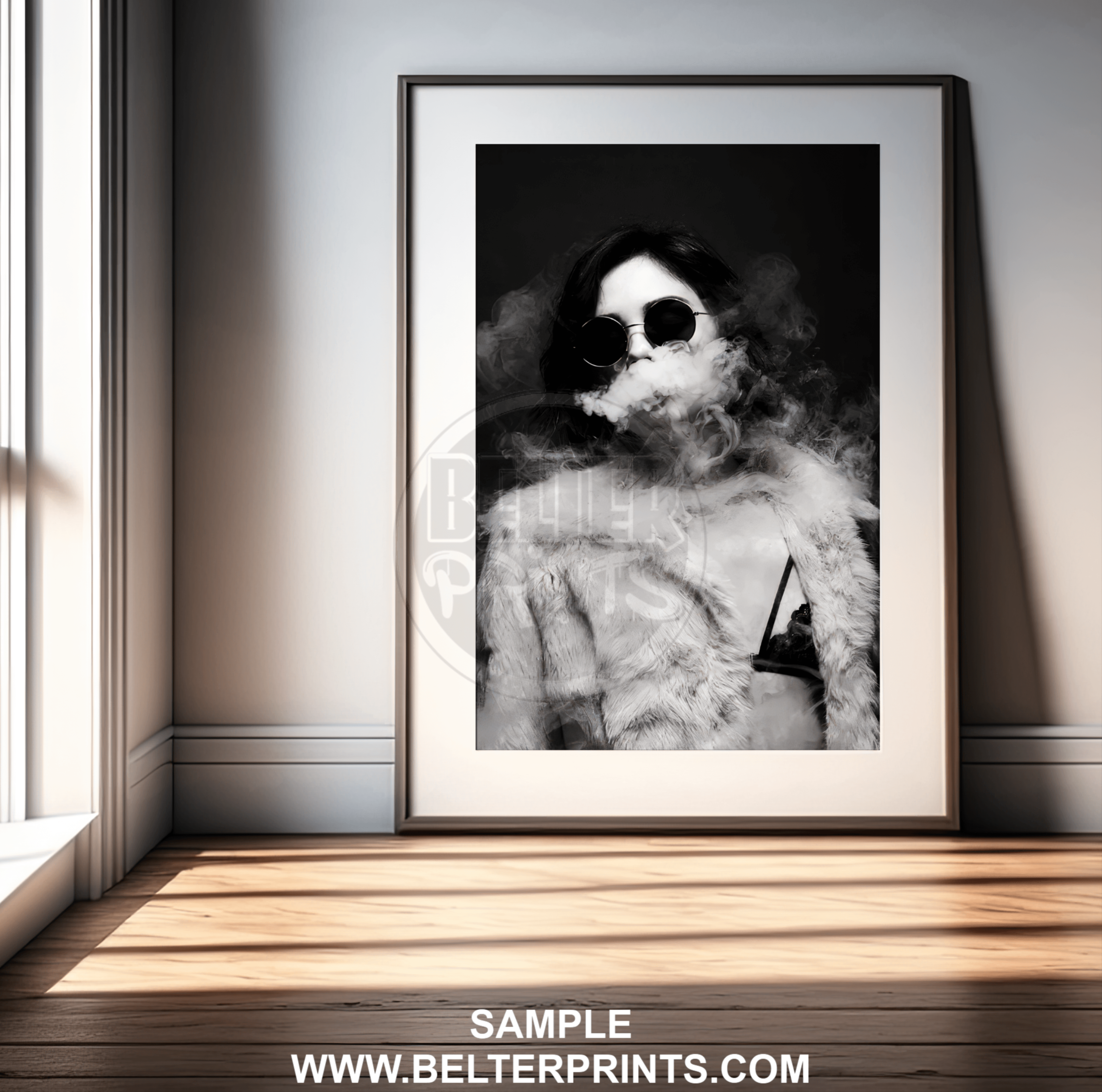 poster-smoke-show-woman-sunglasses-black-white-wall-art-print