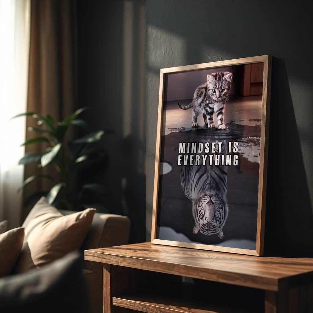 Framed poster with a kitten and tiger and 'Mindset is Everything' text on a wooden table.