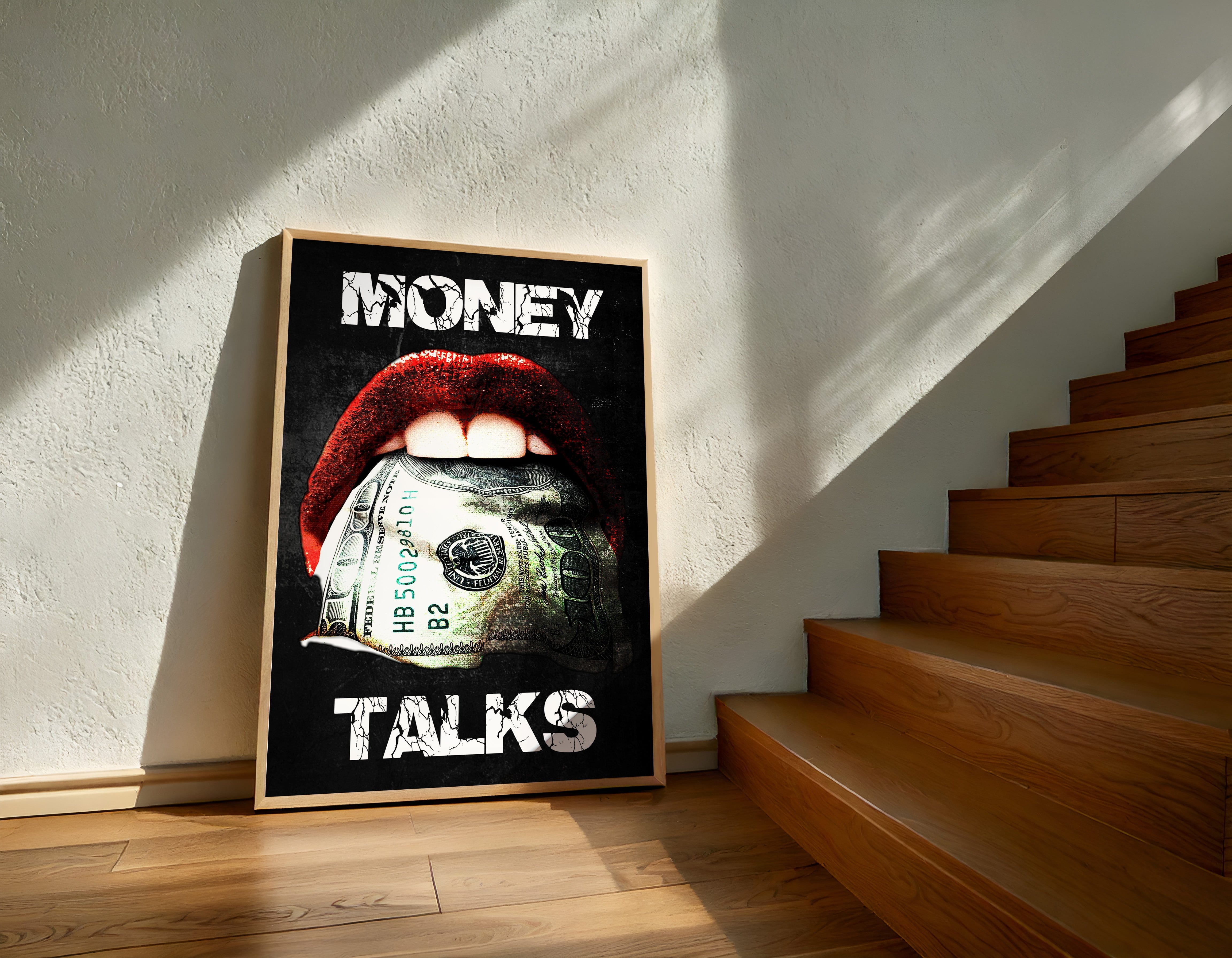 Money Talks pop art wall print featuring bold red lips holding a dollar bill with white typography.