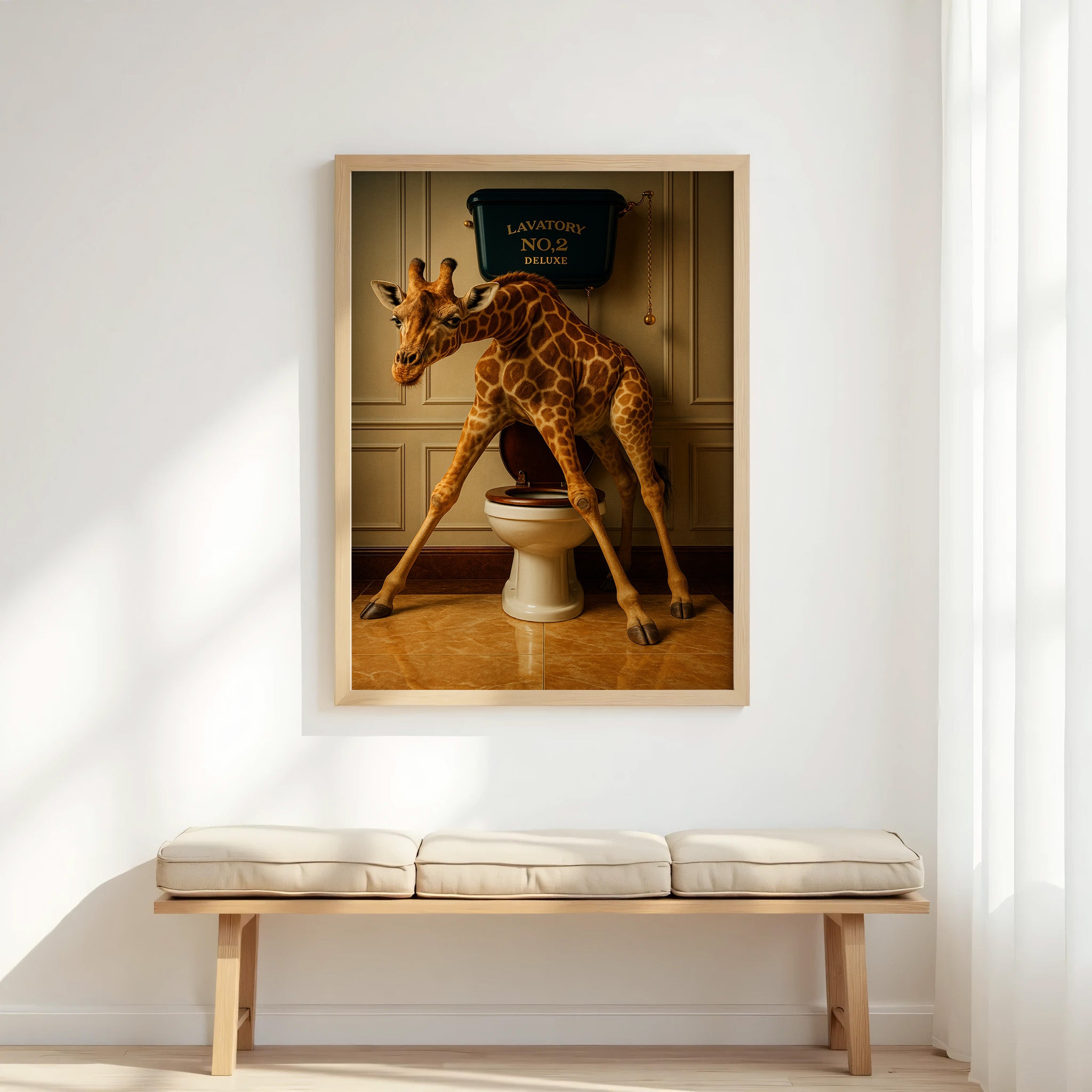 Framed artwork of a giraffe using a toilet on a wall above a bench.