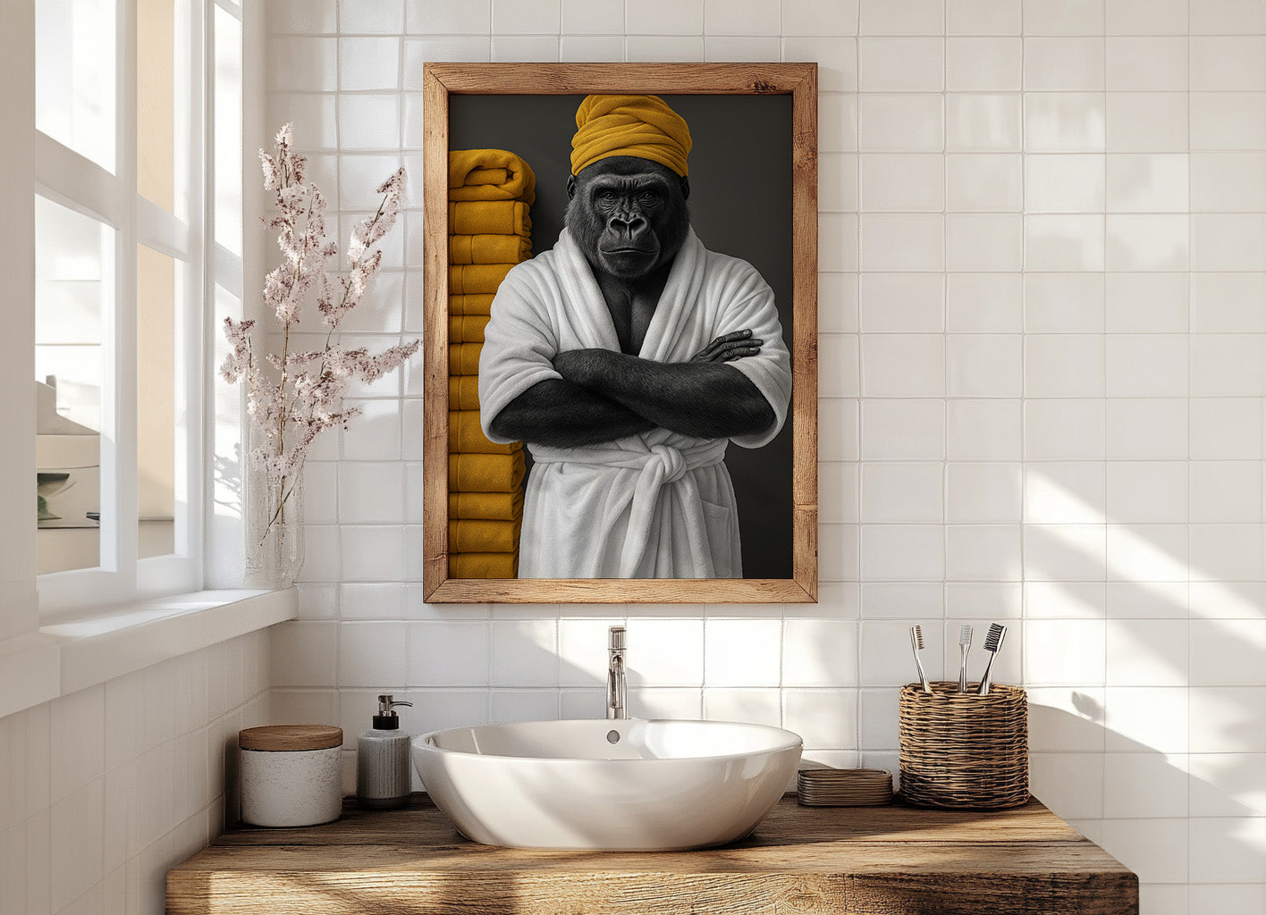 Bathroom interior with a framed picture of a gorilla in a robe on the wall.