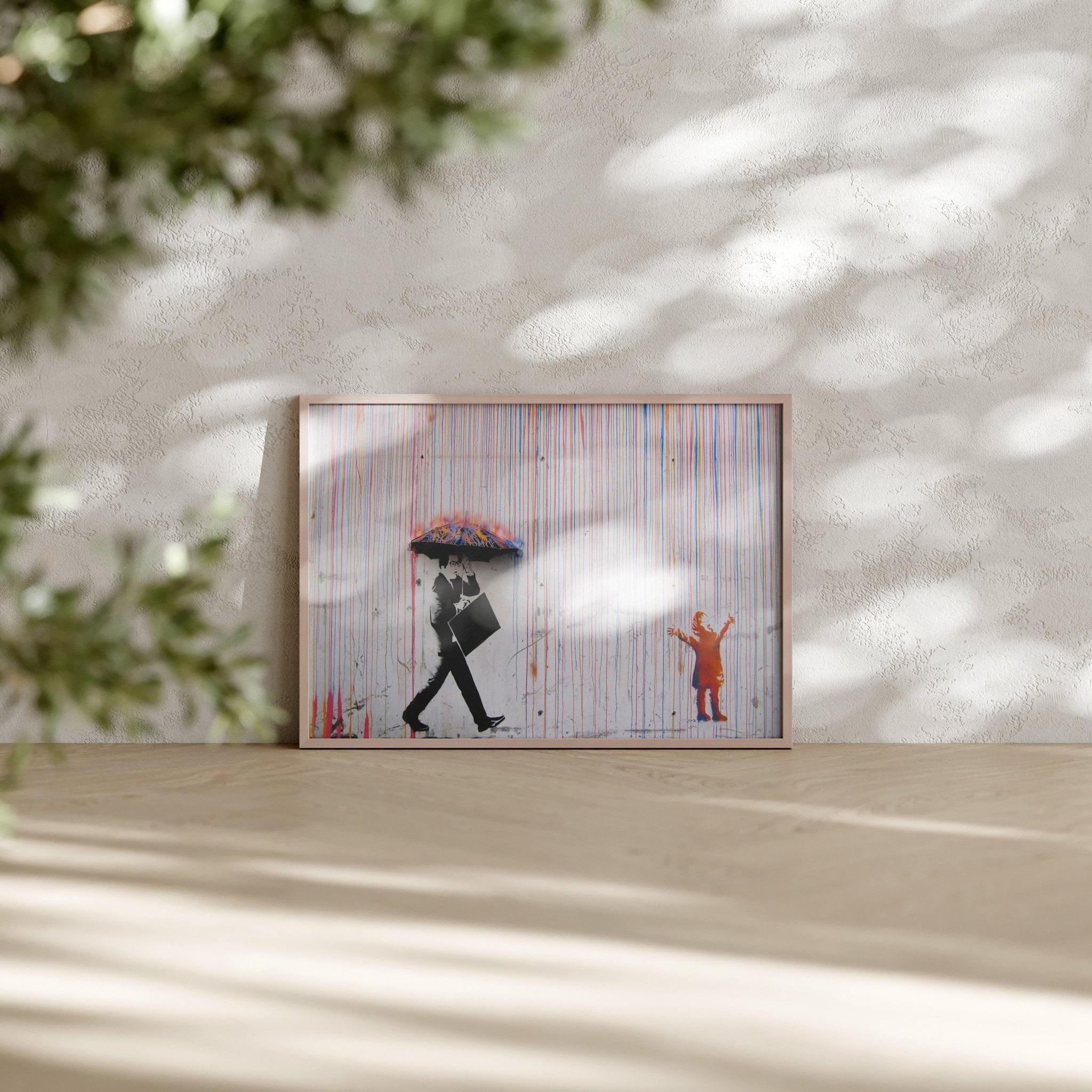 Urban street art print featuring Banksy-style businessman and umbrella