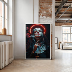 Modern interior with a large framed artwork of a person smoking a cigarette.